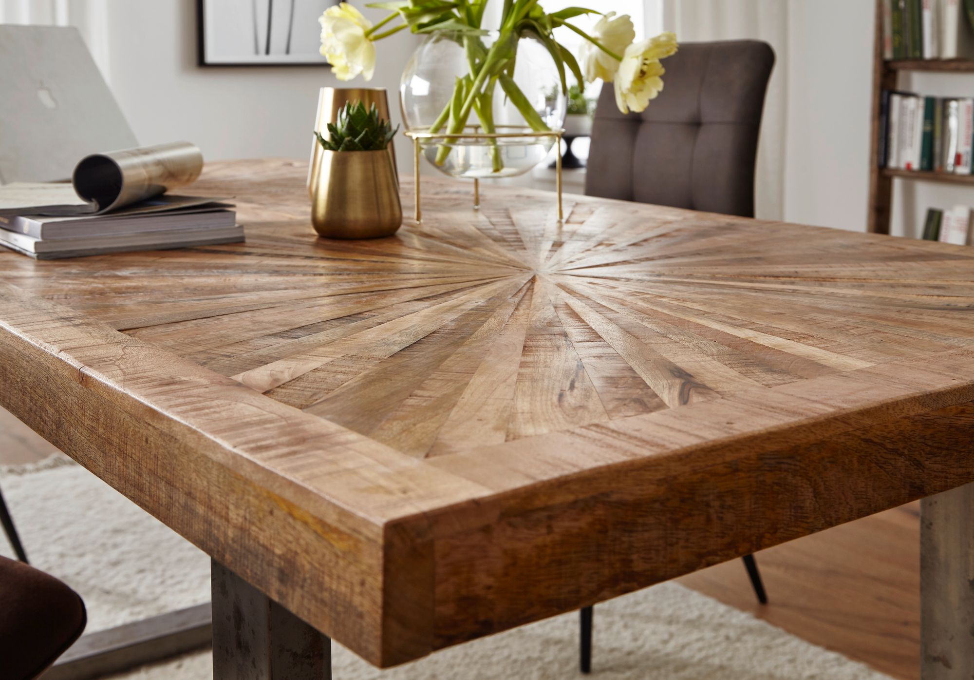 Esstisch Mango Massivholz Esszimmertisch 180x76,5 x90 cm, Küchentisch Loft Natur, Holztisch Massiv mit Metallgestell, Industrial Tisch