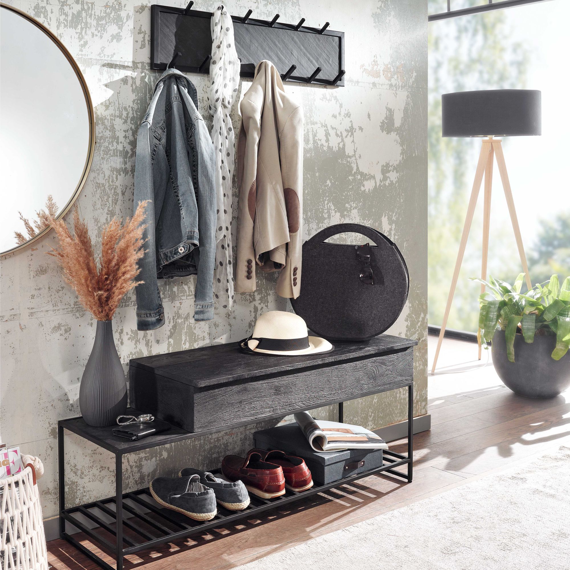 Wohnling Sitzbank mit Wandgarderobe GUARD Schwarz Mango Massivholz Schuhbank 110 cm