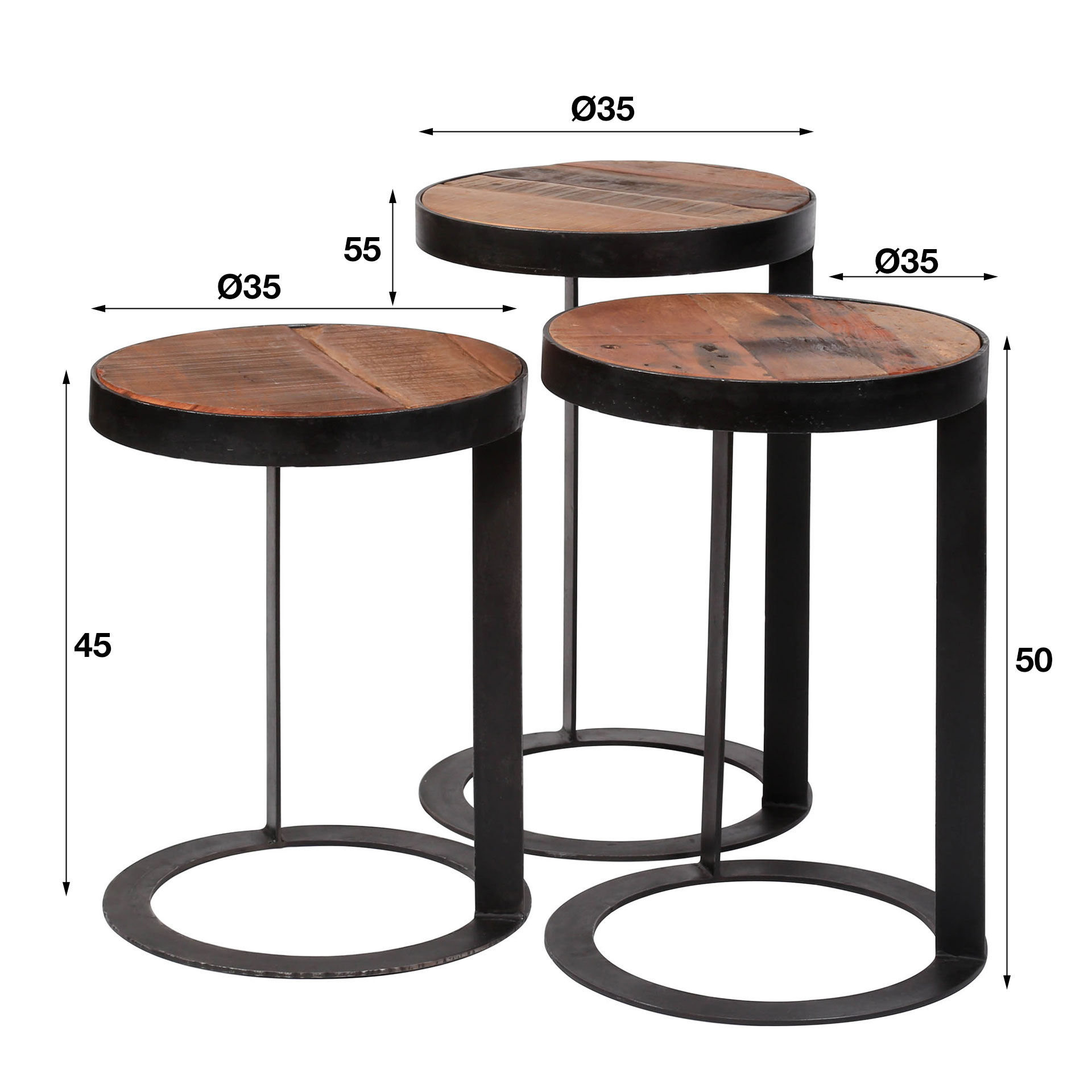 Beistelltisch FIO Industrial 3er-Set Holz Rund Robustes Hartholz