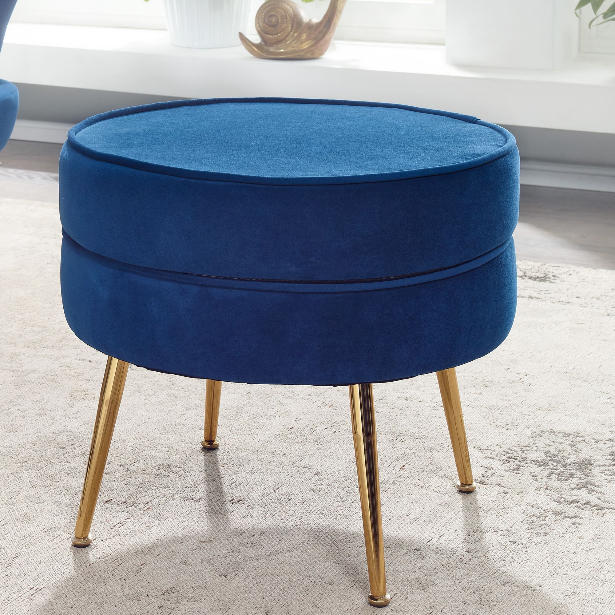 Design Sitzhocker Rund blau Samt Fußhocker Gepolstert Wohnzimmer