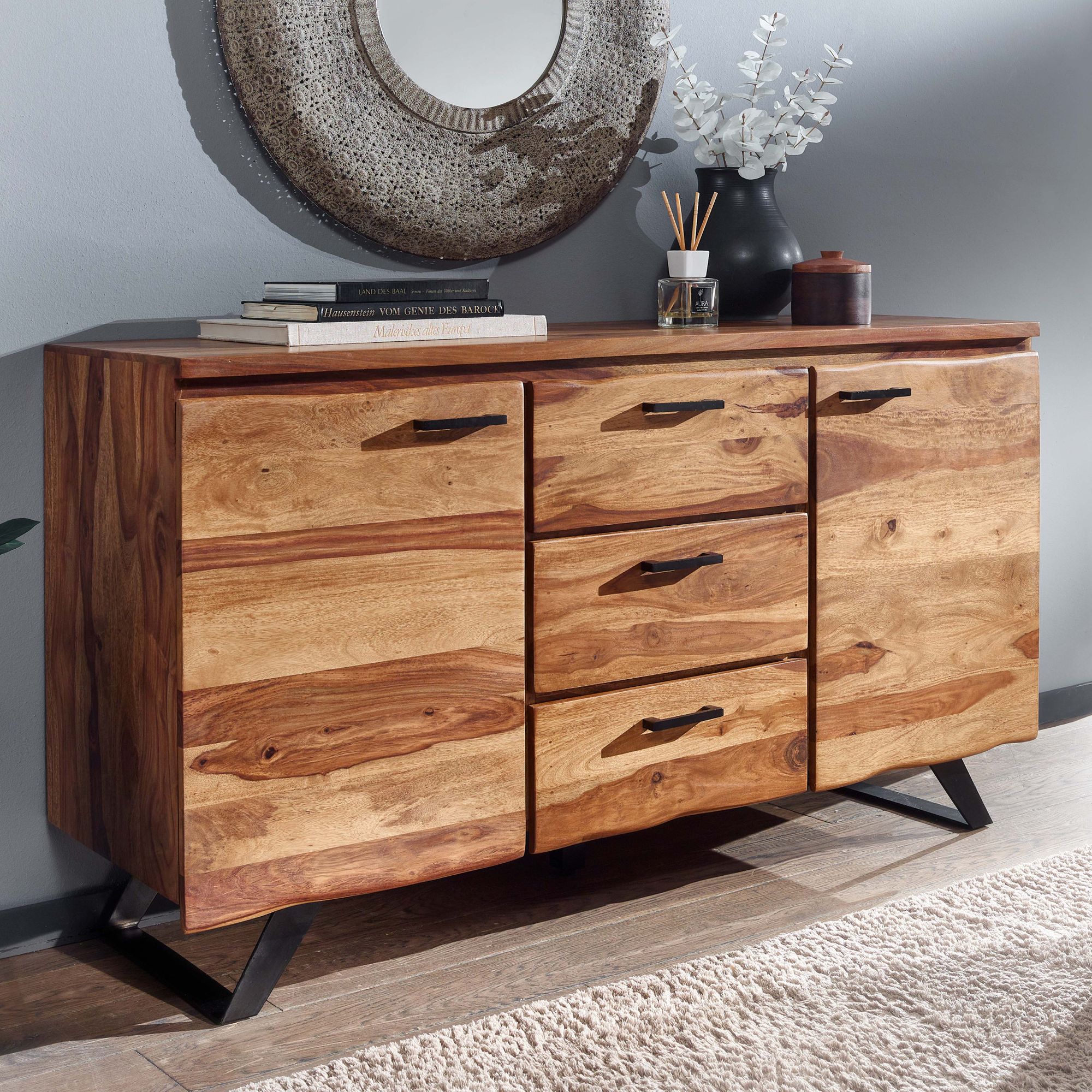 Wohnling Sideboard TARGO 145 cm Sheesham Massivholz / Metall mit Baumkante