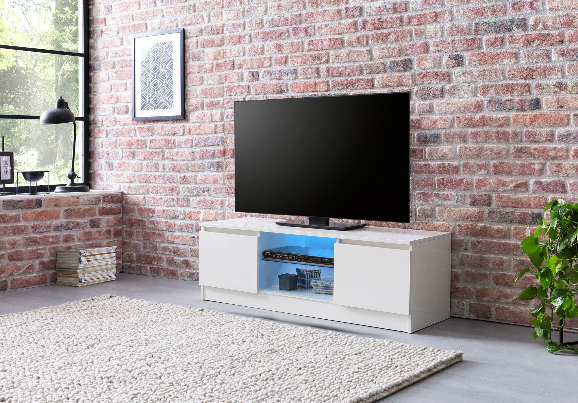 WOHNLING Lowboard mit LED WL5.717 Weiß Hochglanz 120 cm HiFi Regal | Design Fernsehschrank Kommode