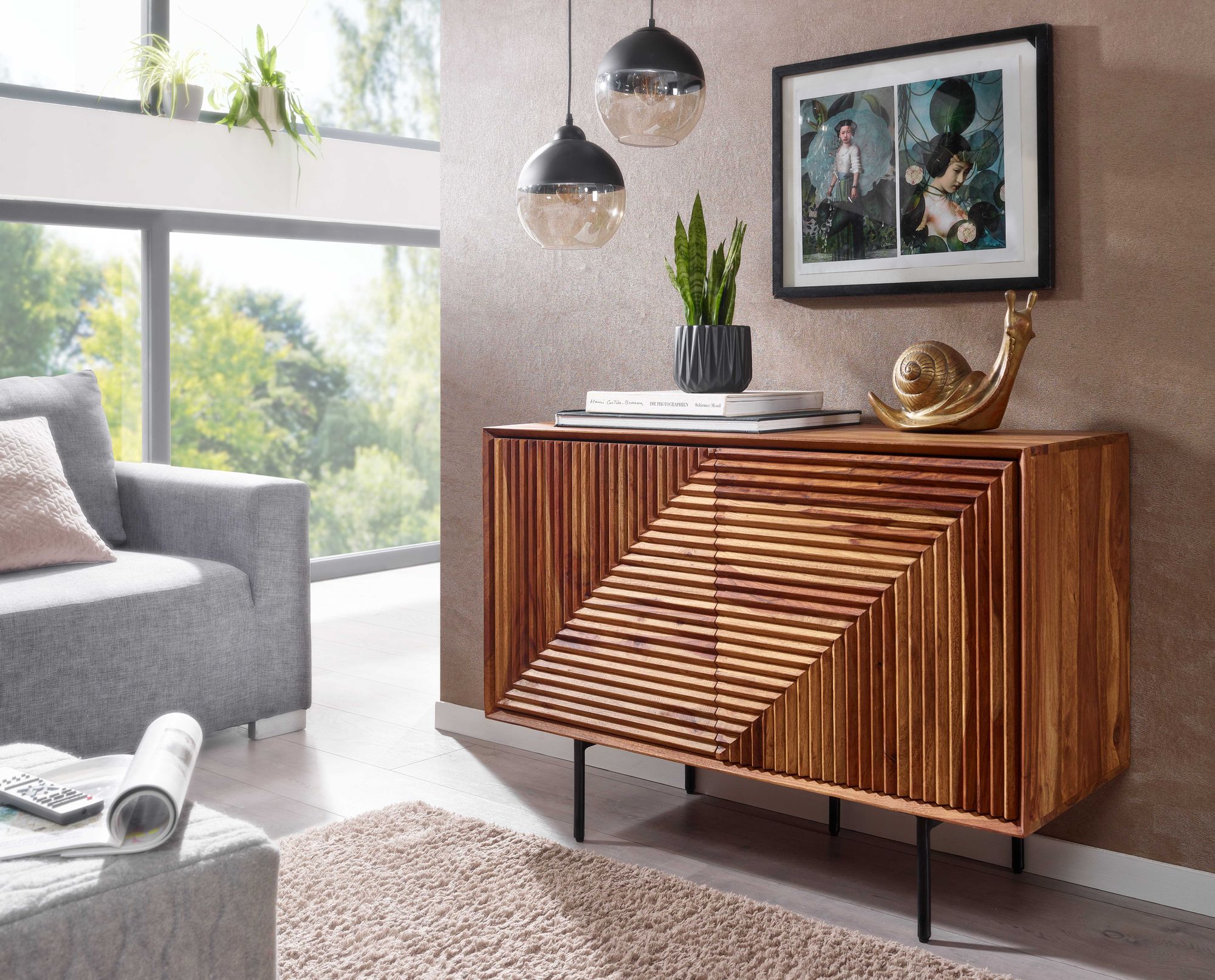 Wohnling Kommode MILO 100 cm Sheesham Massivholz / Metall mit zwei Türen