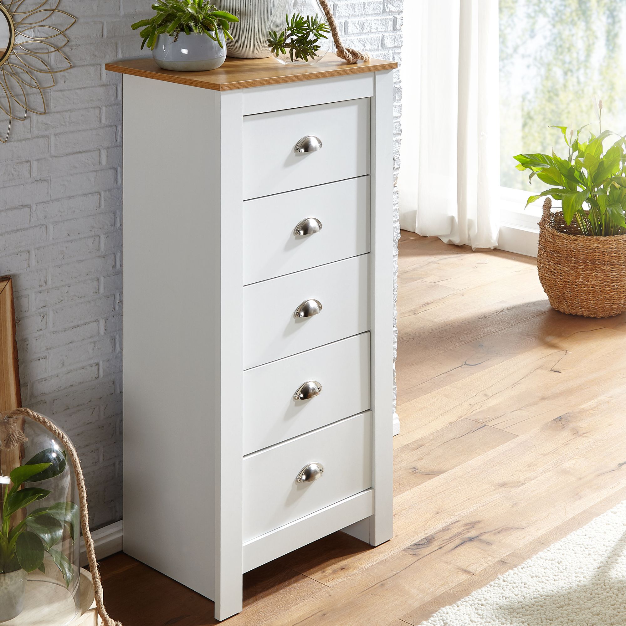Wohnling Sideboard mit 5 Schubladen Kommode 53x114x39 cm Weiß Eiche Modern