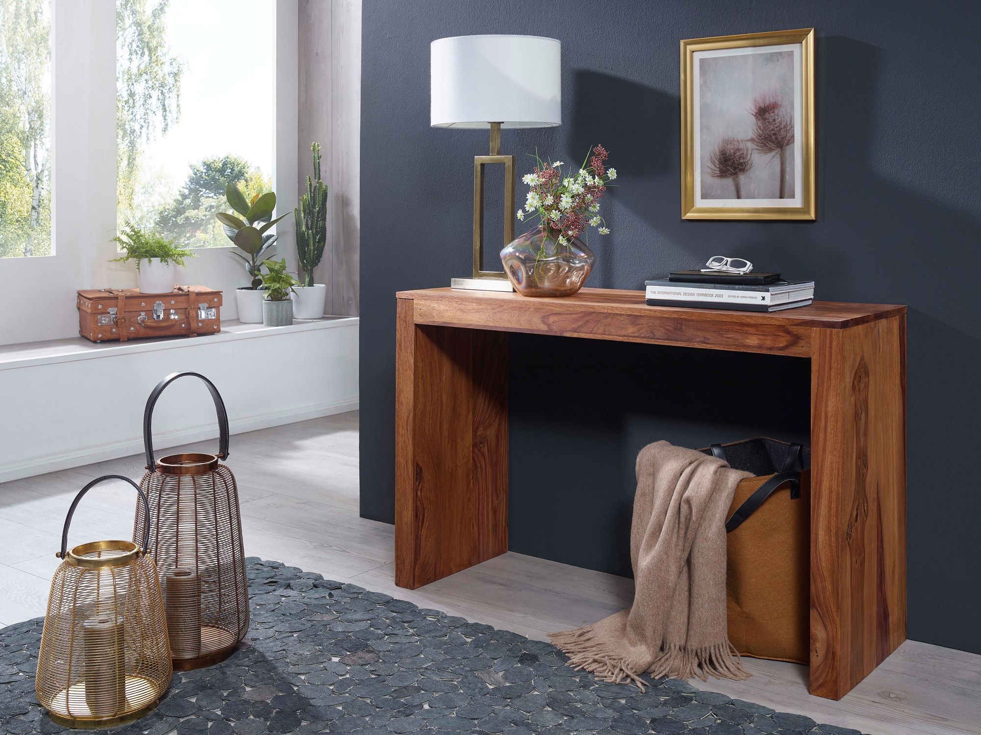 WOHNLING Konsolentisch MUMBAI Massivholz Sheesham Konsole Schreibtisch 115 x 40 cm Landhaus-Stil
