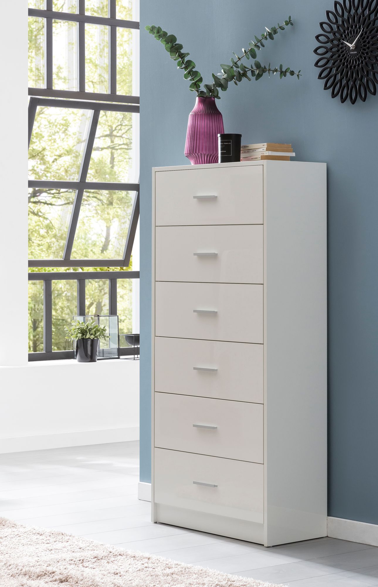 WOHNLING Design Highboard 60x130x30 cm breite mit 6 Schubladen Weiß Hochglanz
