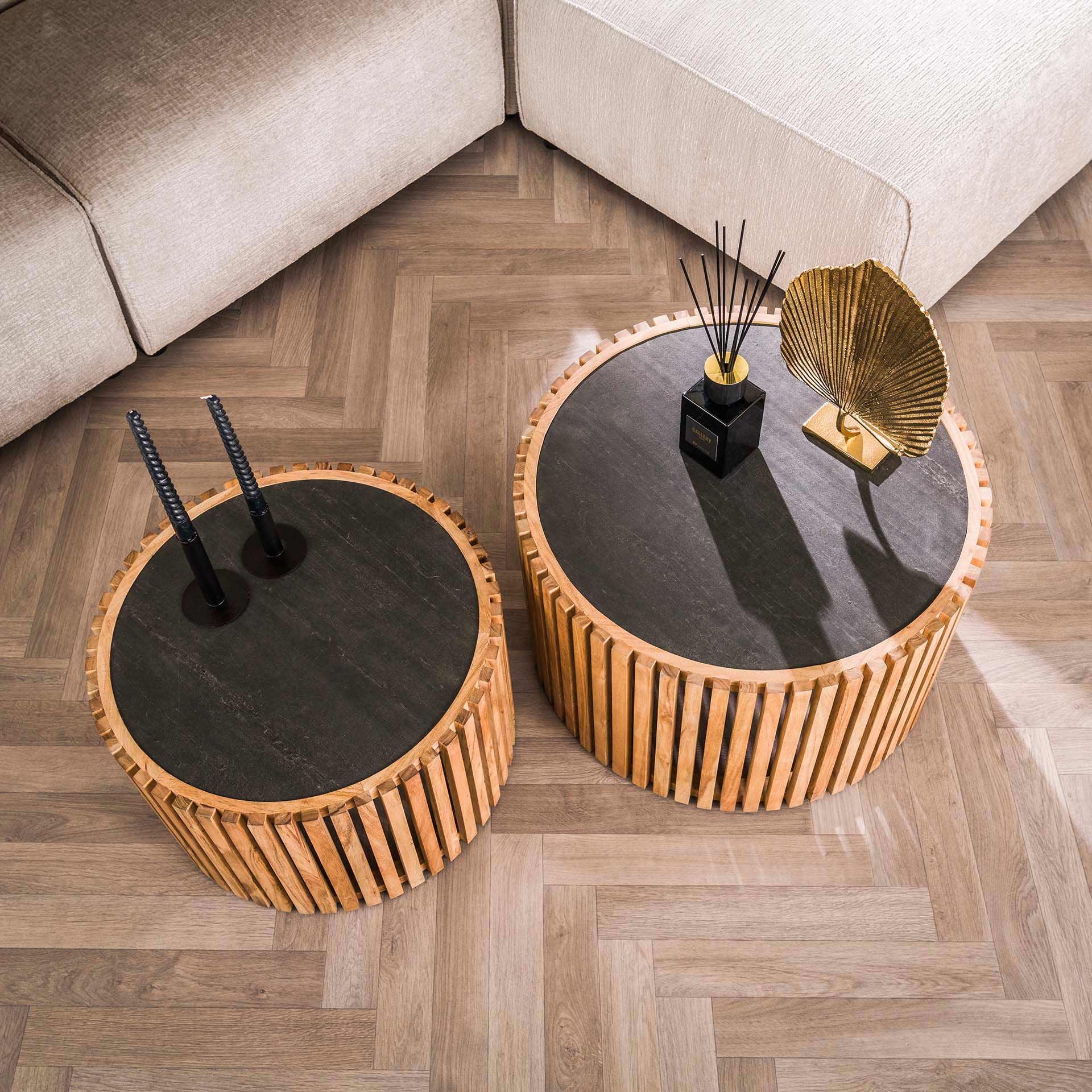 Home Designs Couchtisch Rund 2 Set Akazienholz  / Shiefer