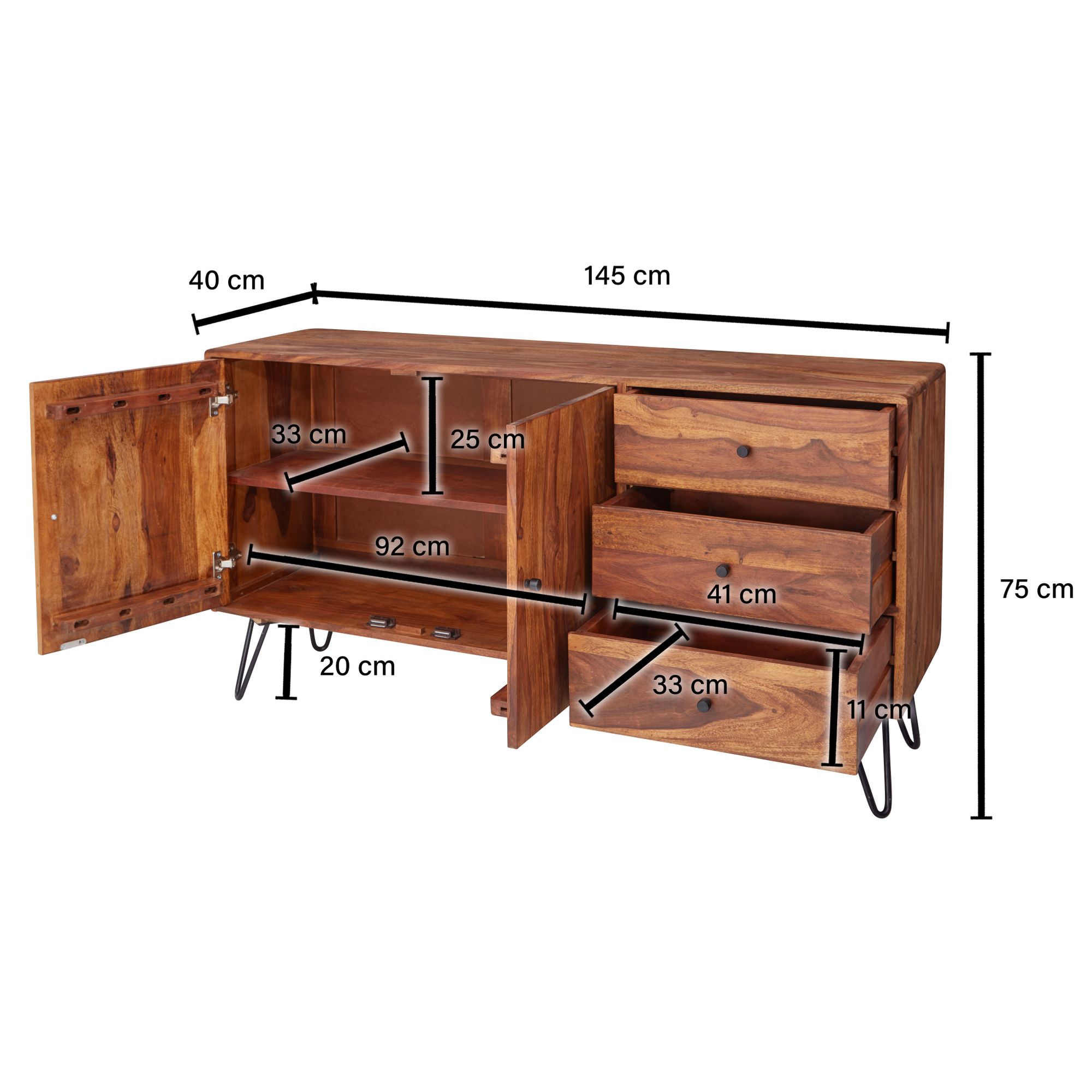 Sideboard WL5.629 Sheesham Massivholz 145x75x40 cm Landhaus Kommode, Design Anrichte mit 3 Schubladen & 2 Türen, Hohe Schubladenkommode Holz, Kommodenschrank Massiv Wohnzimmer