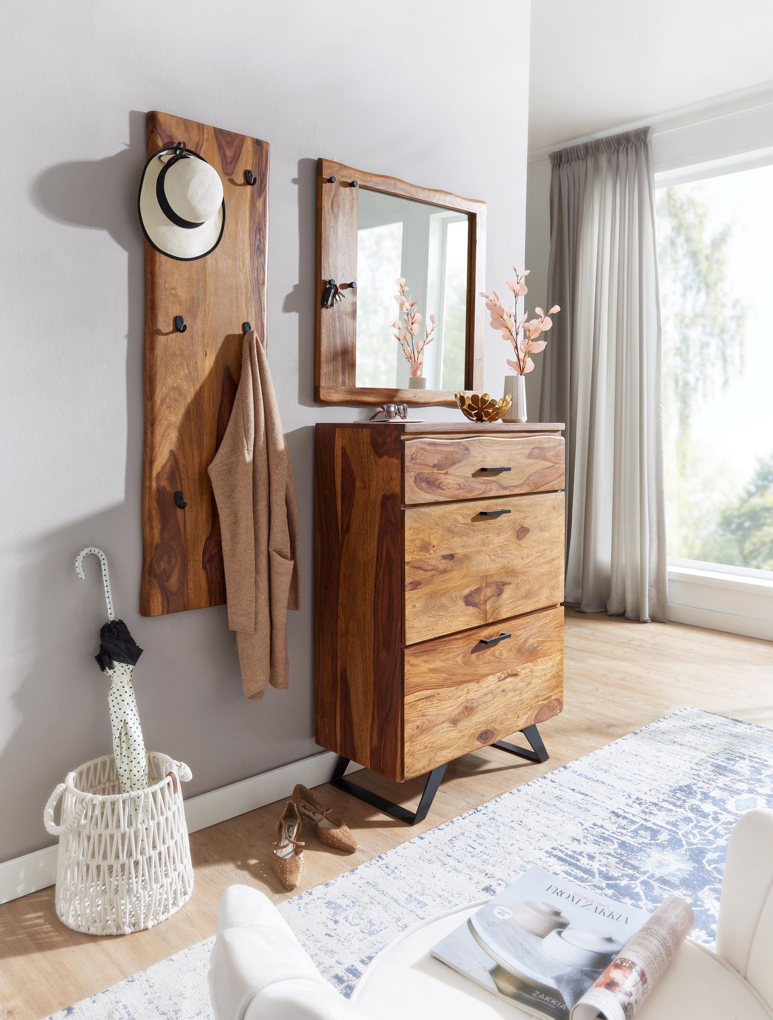Garderoben Set RUBI Holz Massiv Wandgarderobe Kommode Flurgarderobe Spiegel