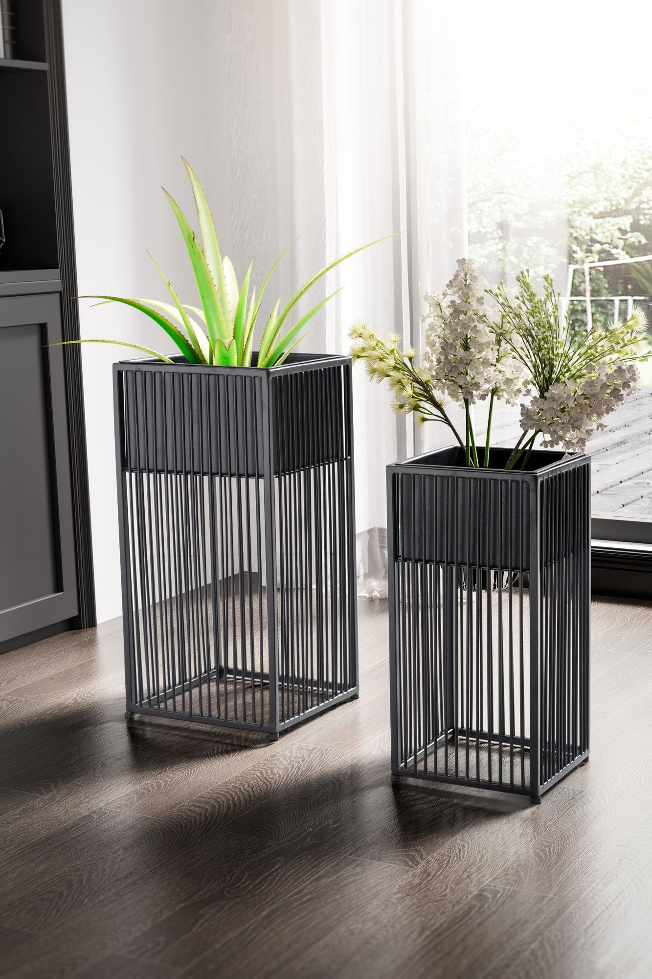 Blumentopf 2er Set Metall Pflanzkübel Schwarz mit Gestell, Design Pflanzenkübel Quadratisch, Blumenkübel Pflanzgefäß Indoor