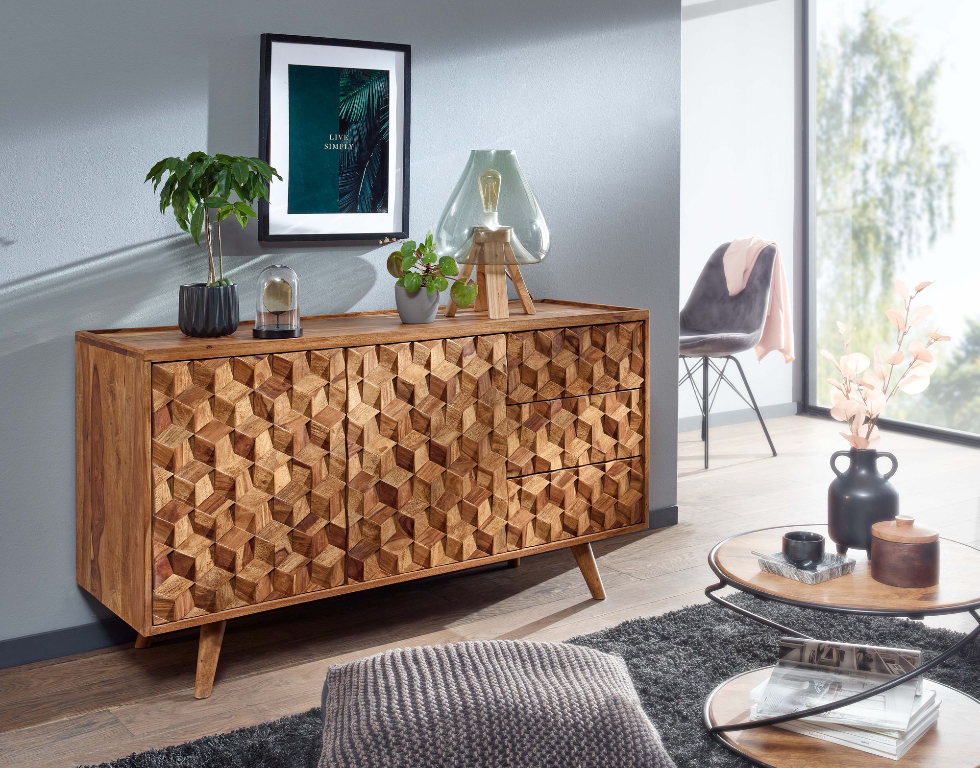 Sideboard 138x76x45 cm Sheesham Massivholz Anrichte mit Türen & Schubladen, Kommode Kommodenschrank Holz Modern, Standschrank Wohnzimmer