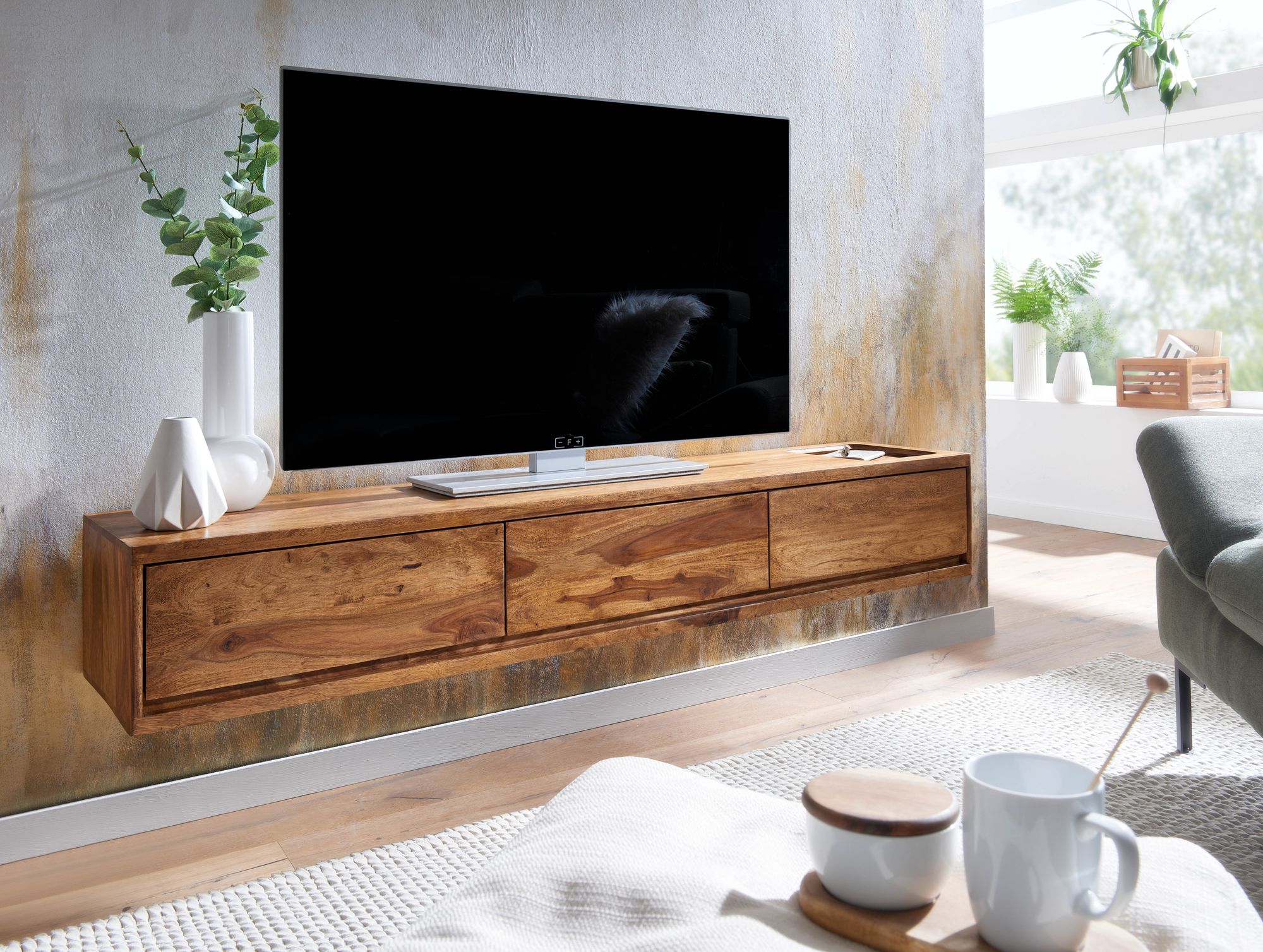 Wohnling Lowboard PARED Hängend Sheesham Massivholz 160 cm