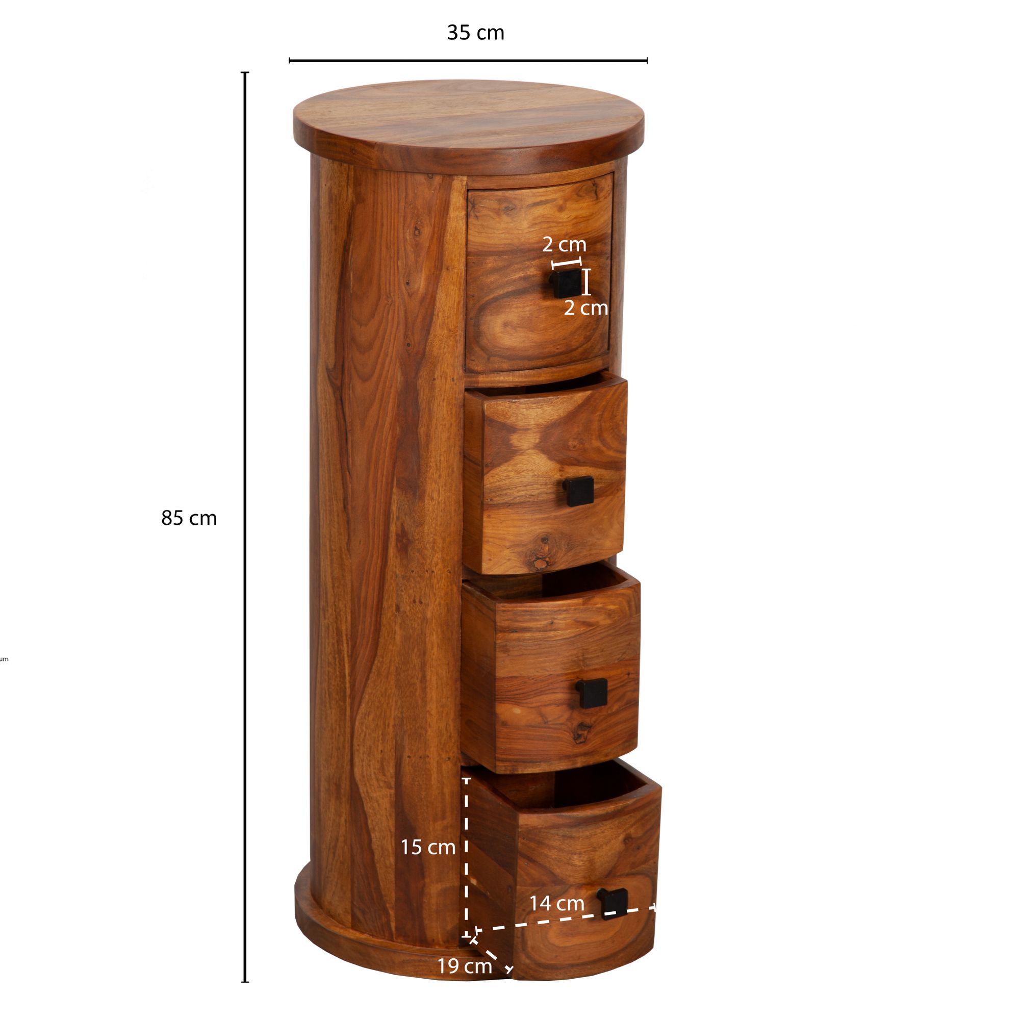 Design Sideboard Sheesham Massivholz 35x85x35 cm, Schränkchen mit 4 Schubladen, Schmaler Beistellschrank Massiv, Mini Kommode Rund