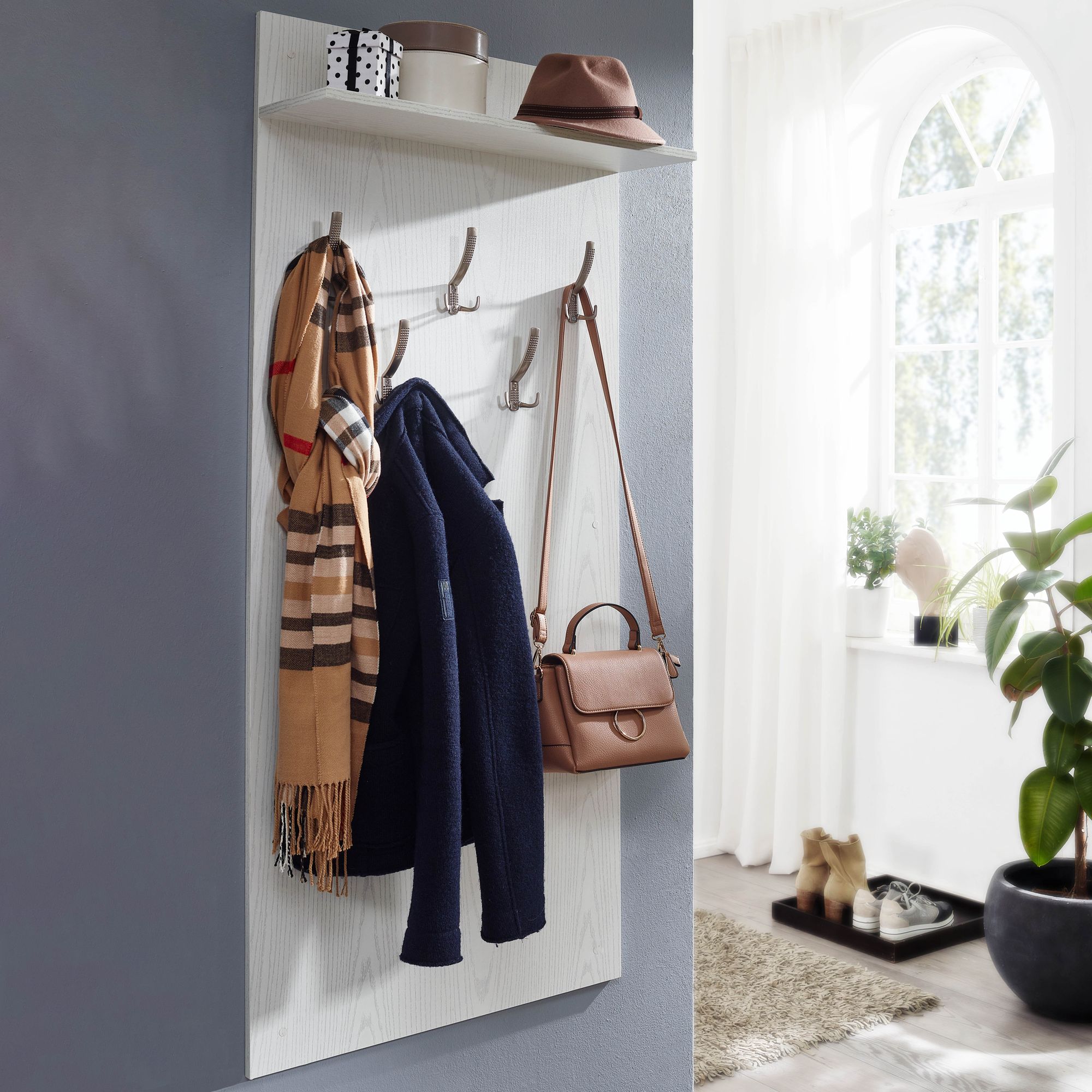 Wandgarderobe Weiß Birke-Dekor Design Wandpaneel mit Ablage