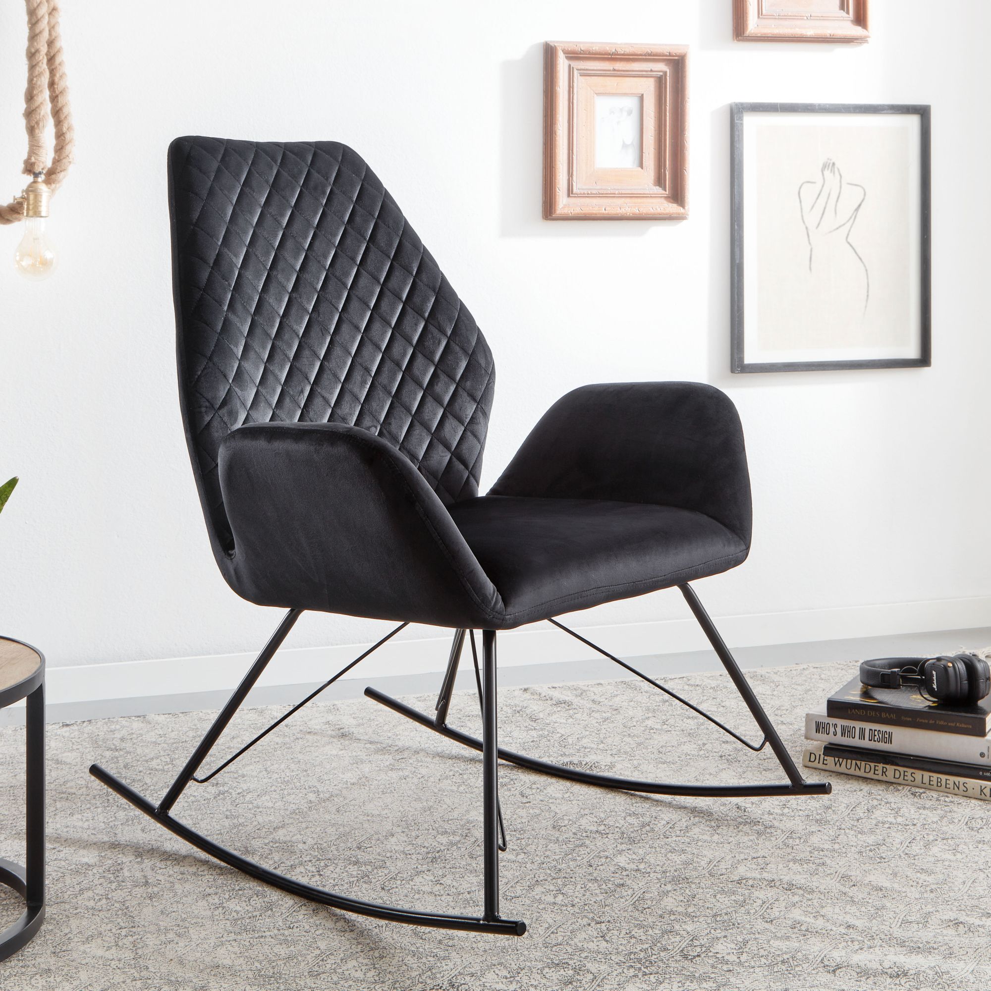 Design Schaukelstuhl Schwarz Sessel Relaxsessel Samt / Metall