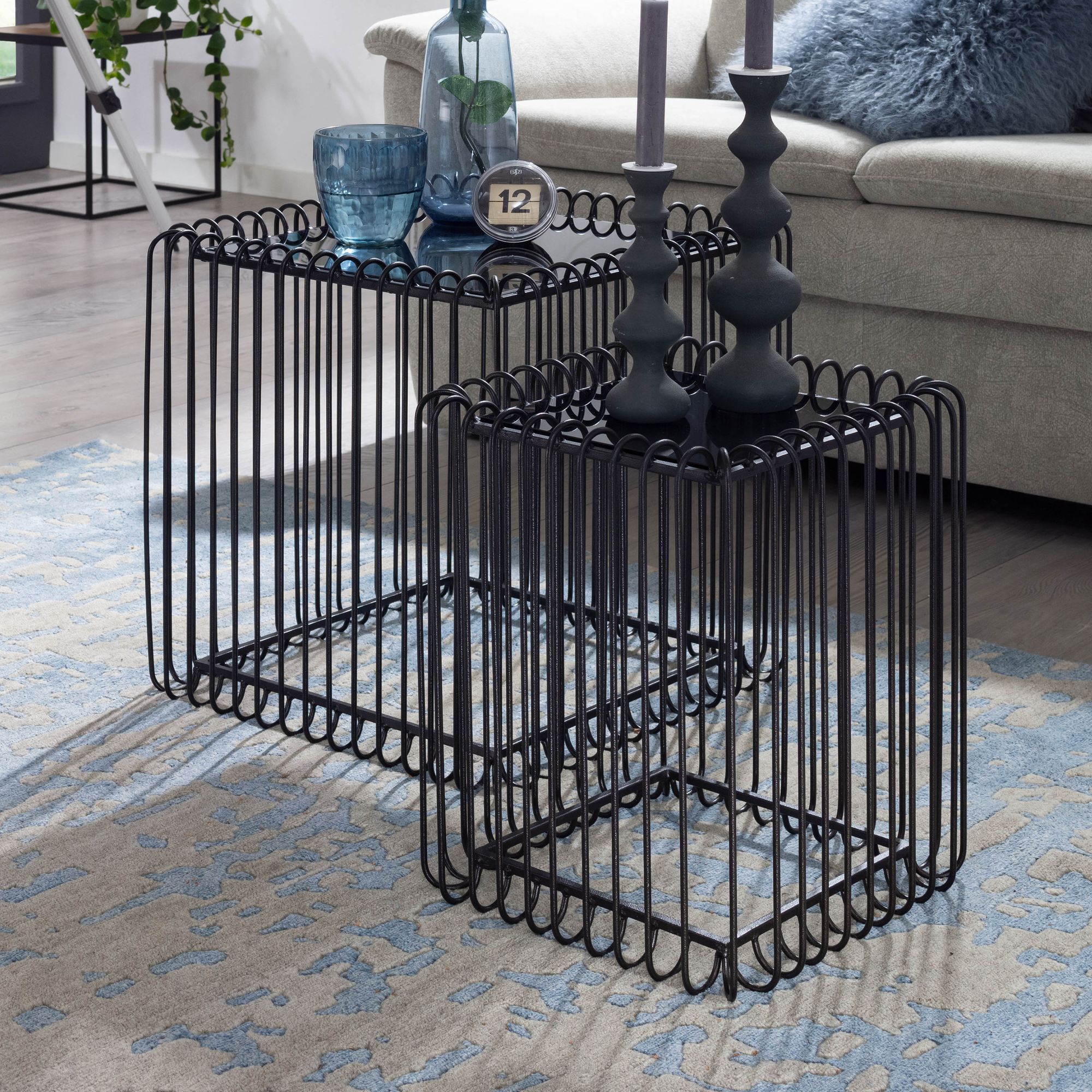 Beistelltisch 2er Set Schwarz Design Satztisch Glas Metall Eckig