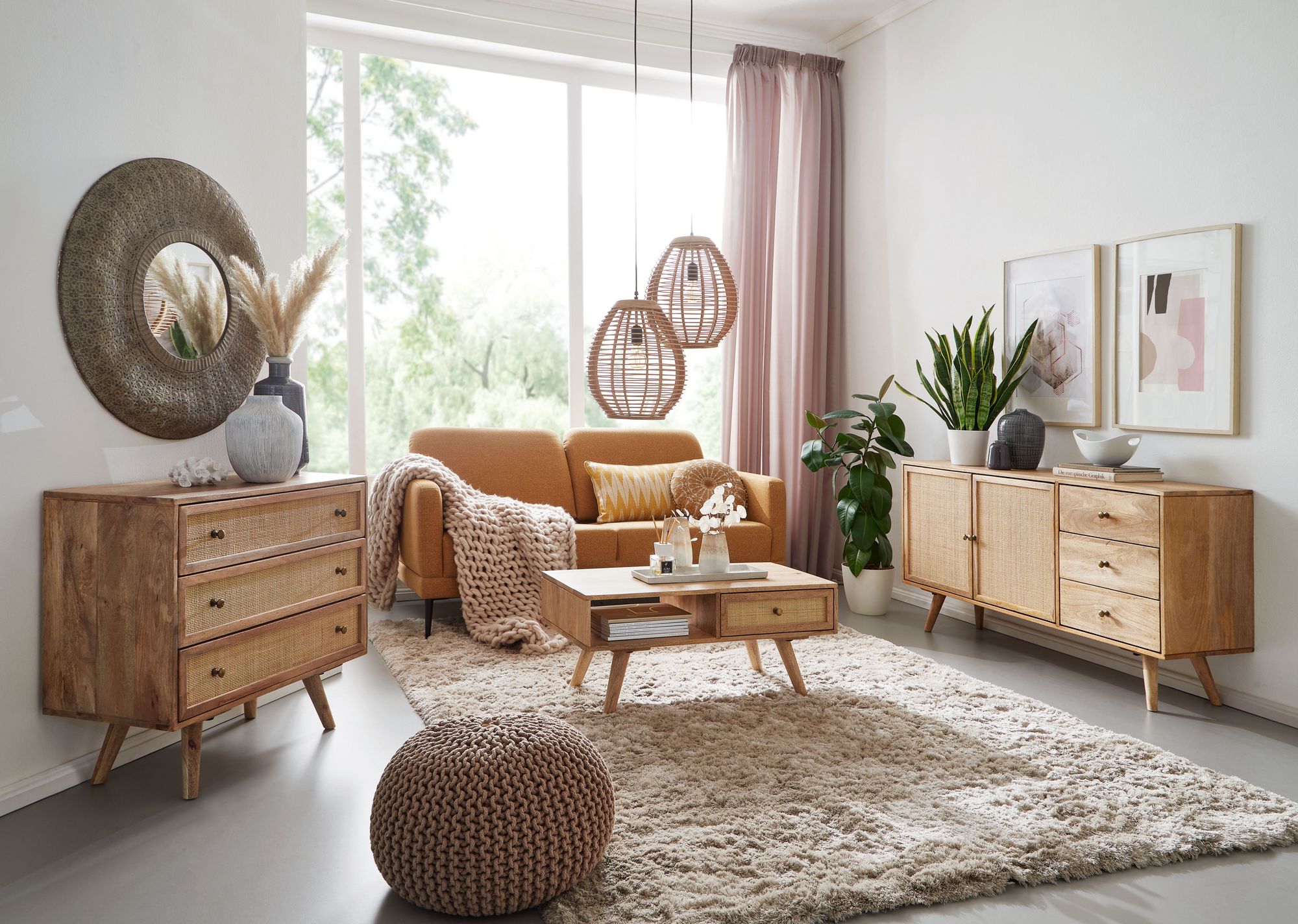 Sideboard xx cm Mango Massivholz / Rattan Vintage Anrichte, Kommode   Schubladen, Hoher Kommodenschrank Holz Massiv, Standschrank Wohnzimmer