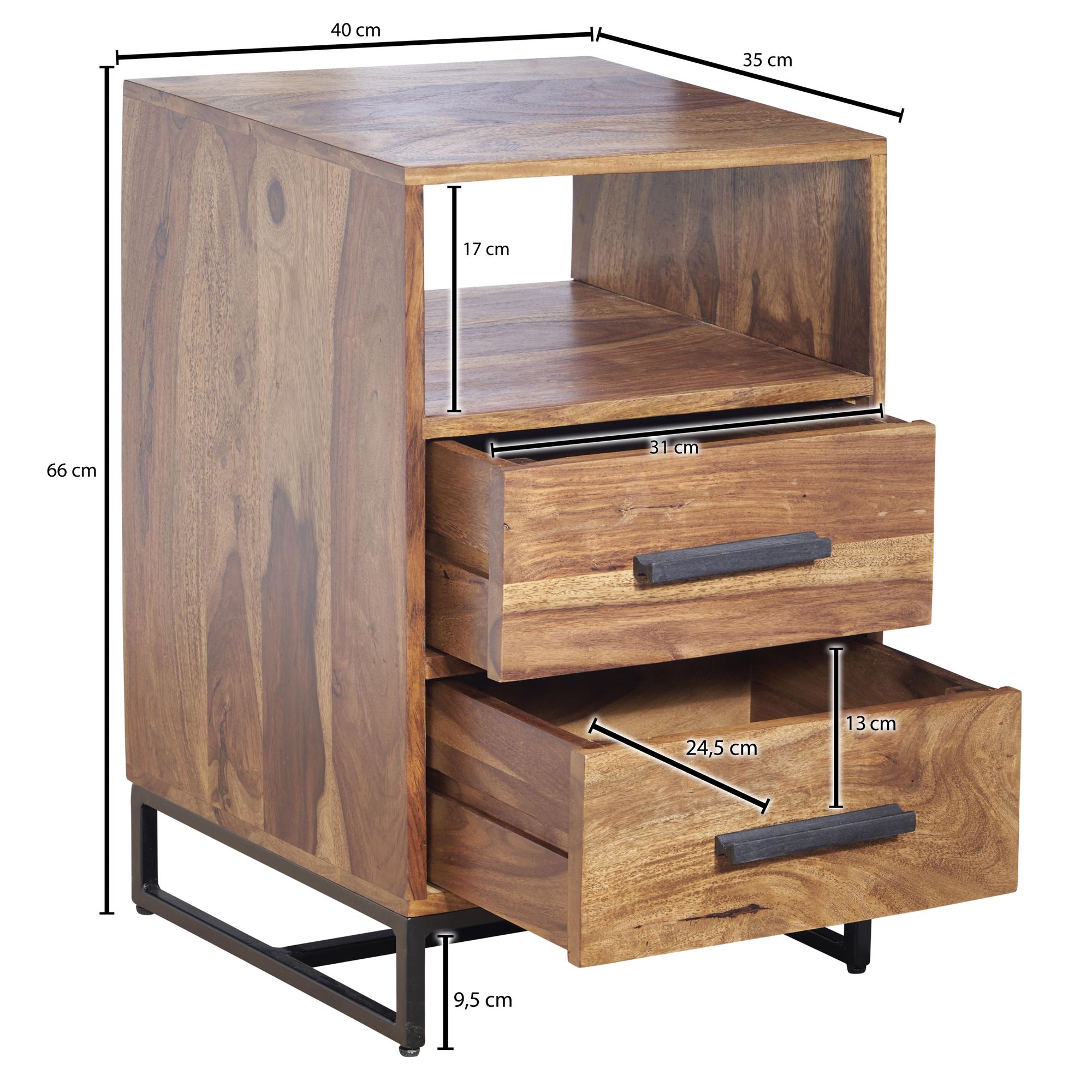 Nachttisch Sheesham Massivholz / Metall 40x35x66 cm Nachtschrank Boxspringbett, Design Nachtkonsole mit 2 Schubladen, Nachtkommode Industrial mit Stauraum