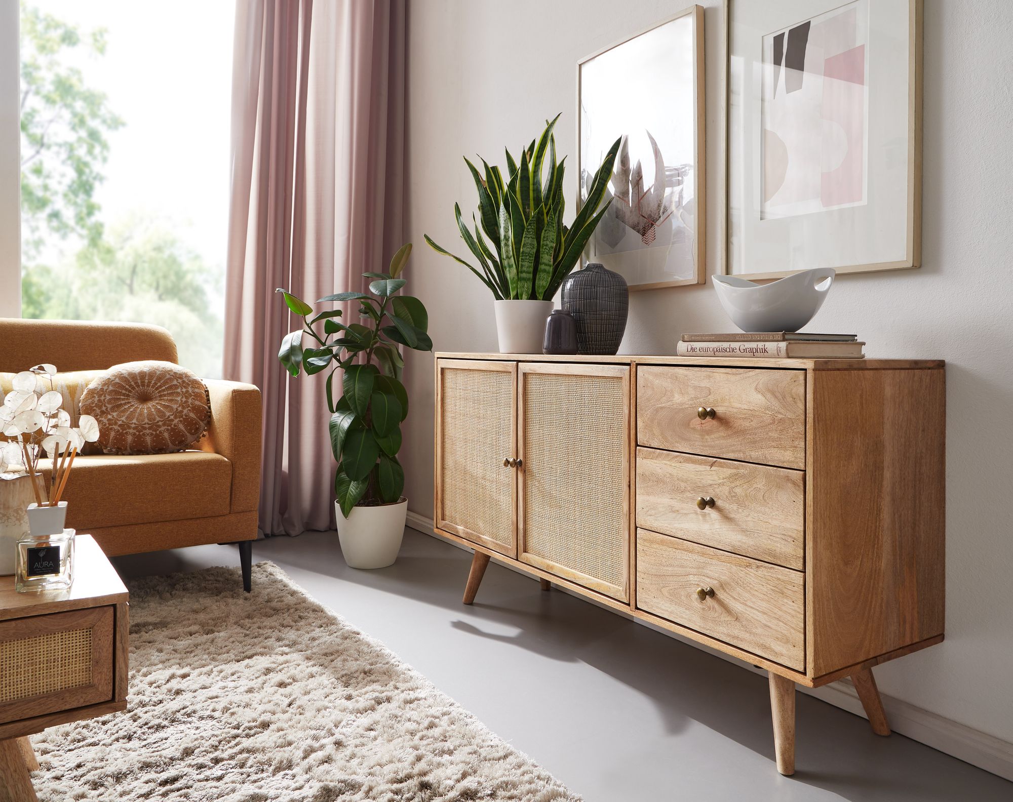 Design Sideboard 200x200x200 cm Mango Massivholz / Rattan, Kommode 200  Schubladen, Hoher Kommodenschrank Holz Massiv, Standschrank Wohnzimmer, 20  Türfächer ...