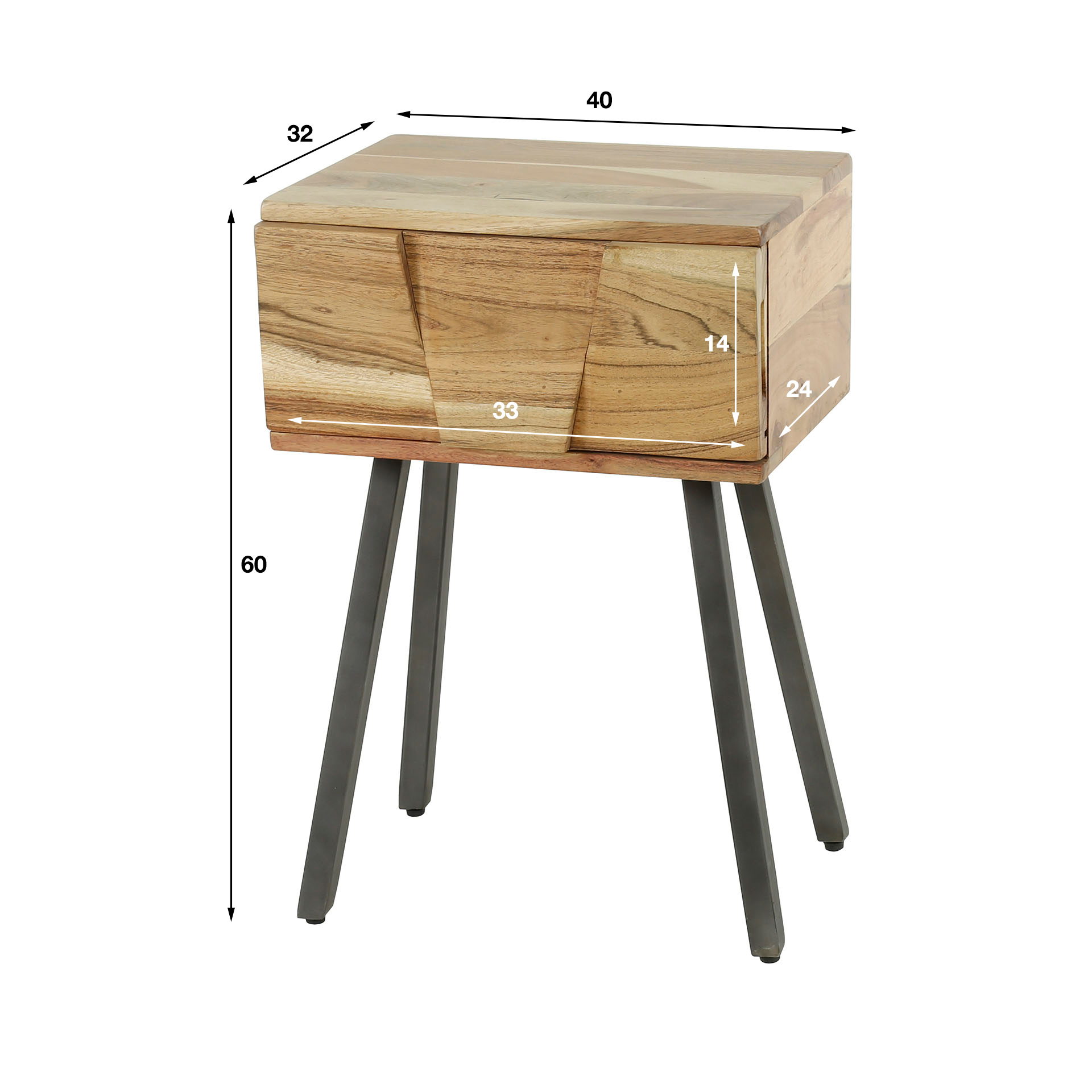Nachttisch Demn Akazie massiv – Holz & Metall, 1 Schublade