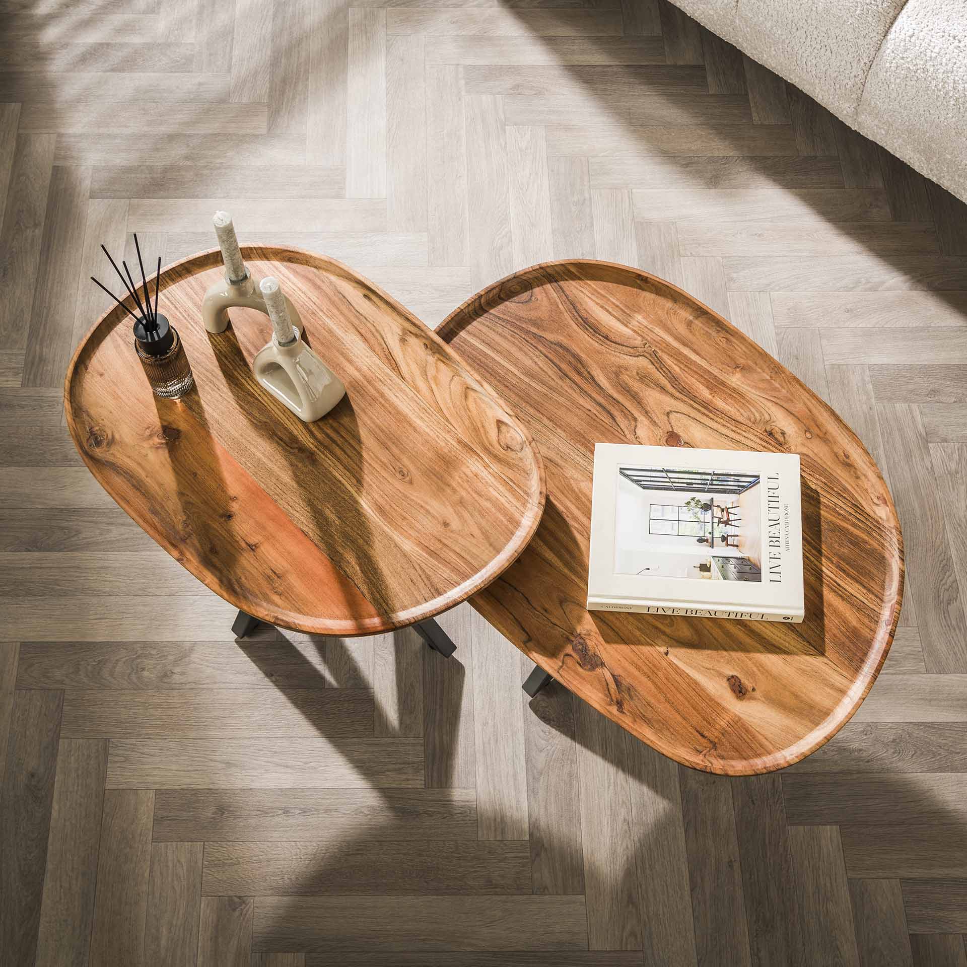 2er-Couchtisch aus massivem Akazienholz Spoke
