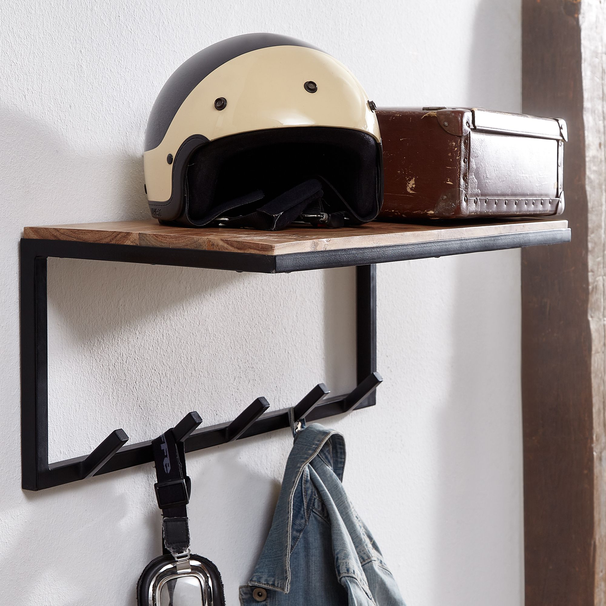 Design Wandgarderobe Akazie Massivholz / Metall Hakenleiste mit Ablage
