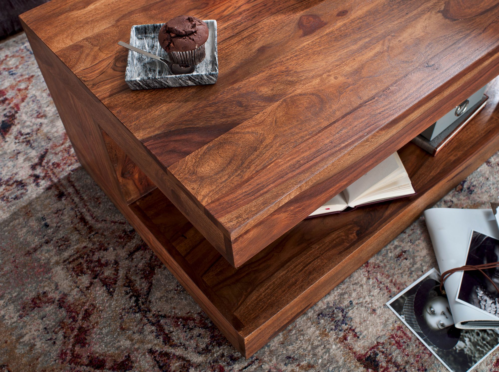 Couchtisch Sheesham Massiv-Holz 90 x 60 x 40 cm, Wohnzimmer-Tisch Design dunkel-braun, Landhaus-Stil Beistelltisch Natur-Produkt, Wohnzimmermöbel Unikat modern, Massivholzmöbel Echtholz