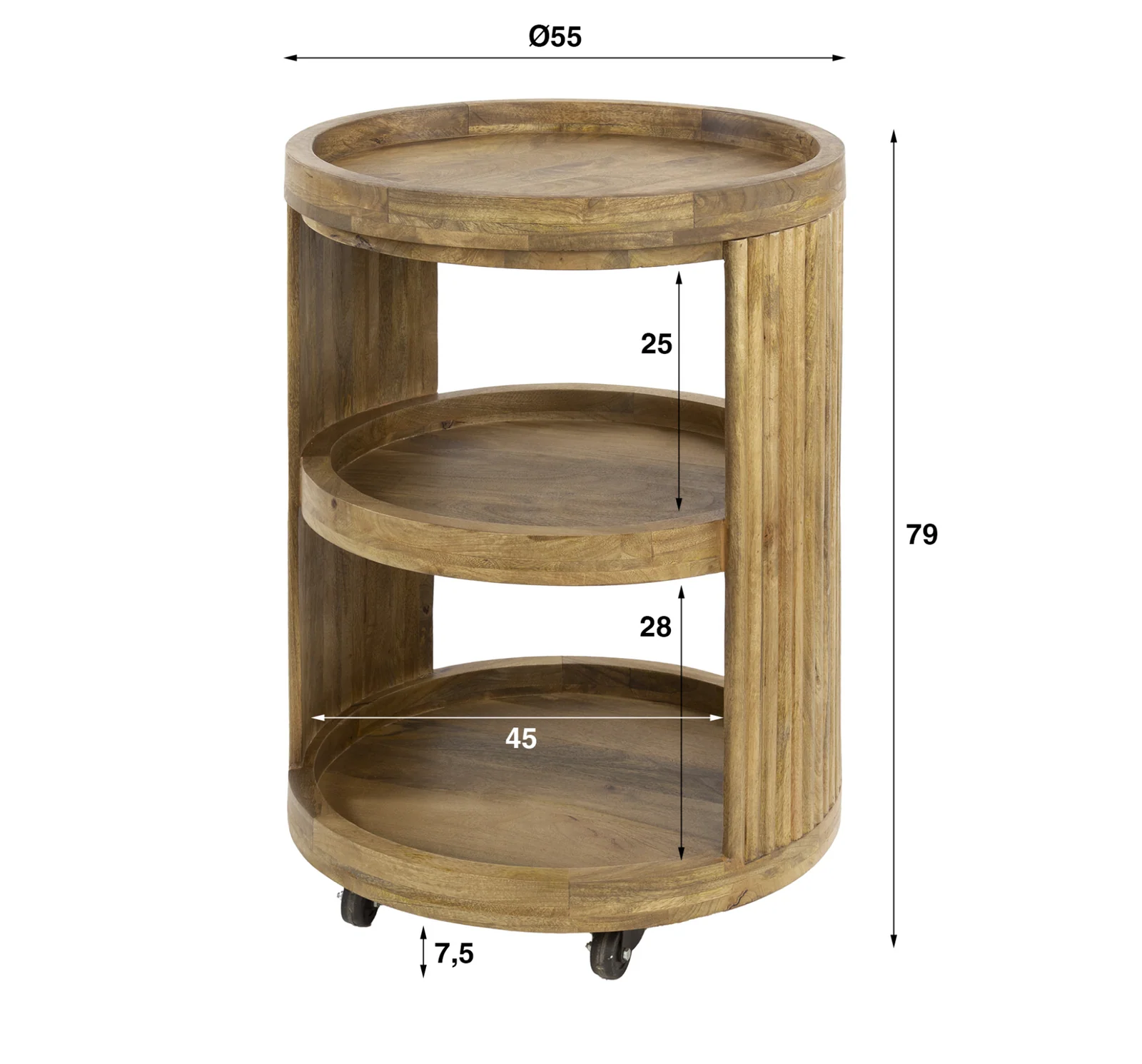 Weintrolley Wave aus Mangoholz – Sandfarbe mit Wellenmuster & 3 Ablagen