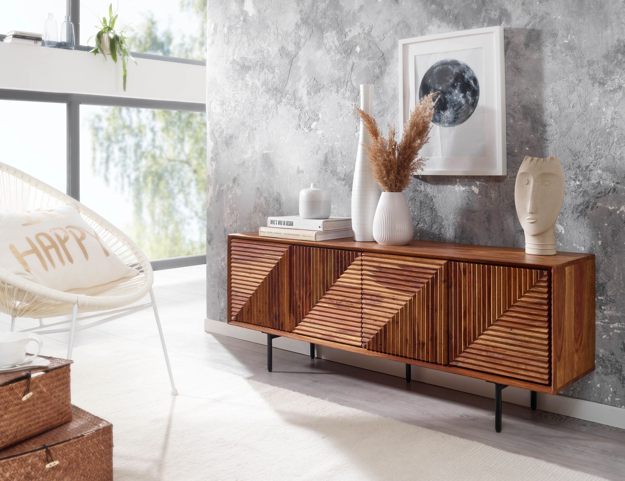 Wohnling Lowboard Sheesham Massivholz MILO 140 cm Design TV-Schrank