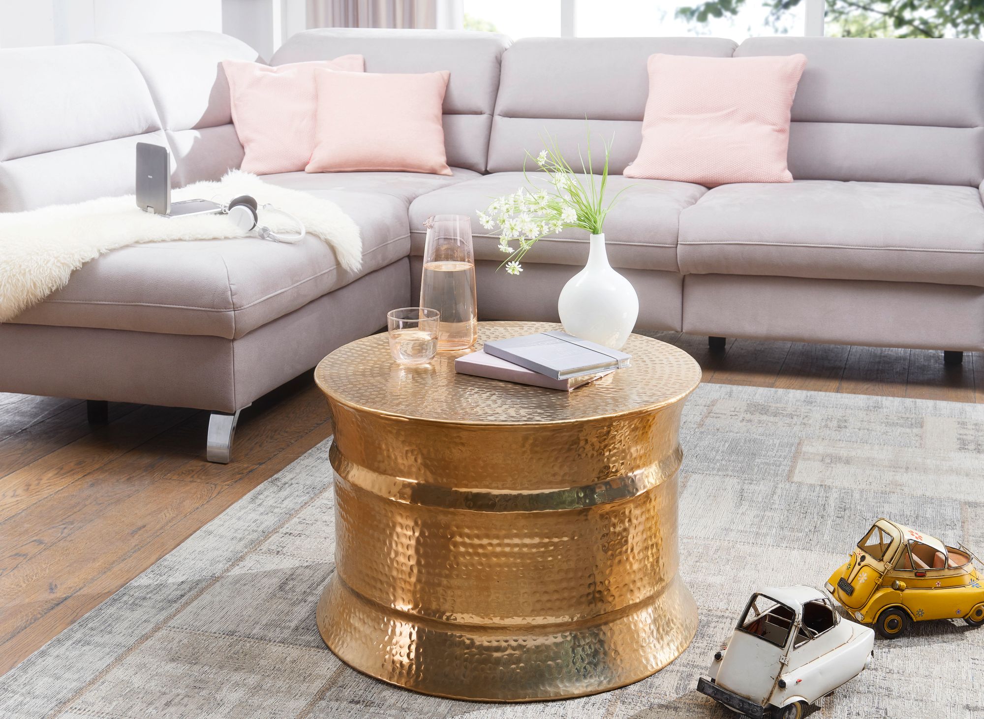 Couchtisch rund Aluminium Gold Beistelltisch orientalisch Hammerschlag