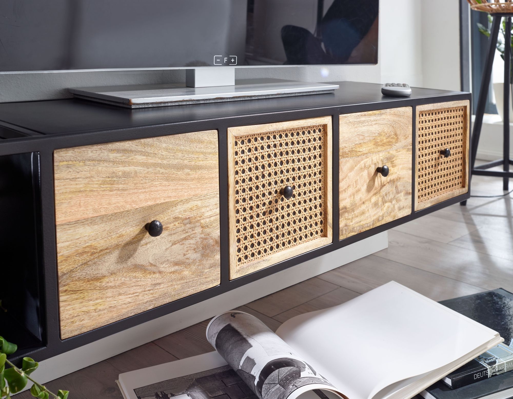 Wohnling Lowboard Hängend Mango Massivholz / Metall 150 cm TV-Schrank Schwarz