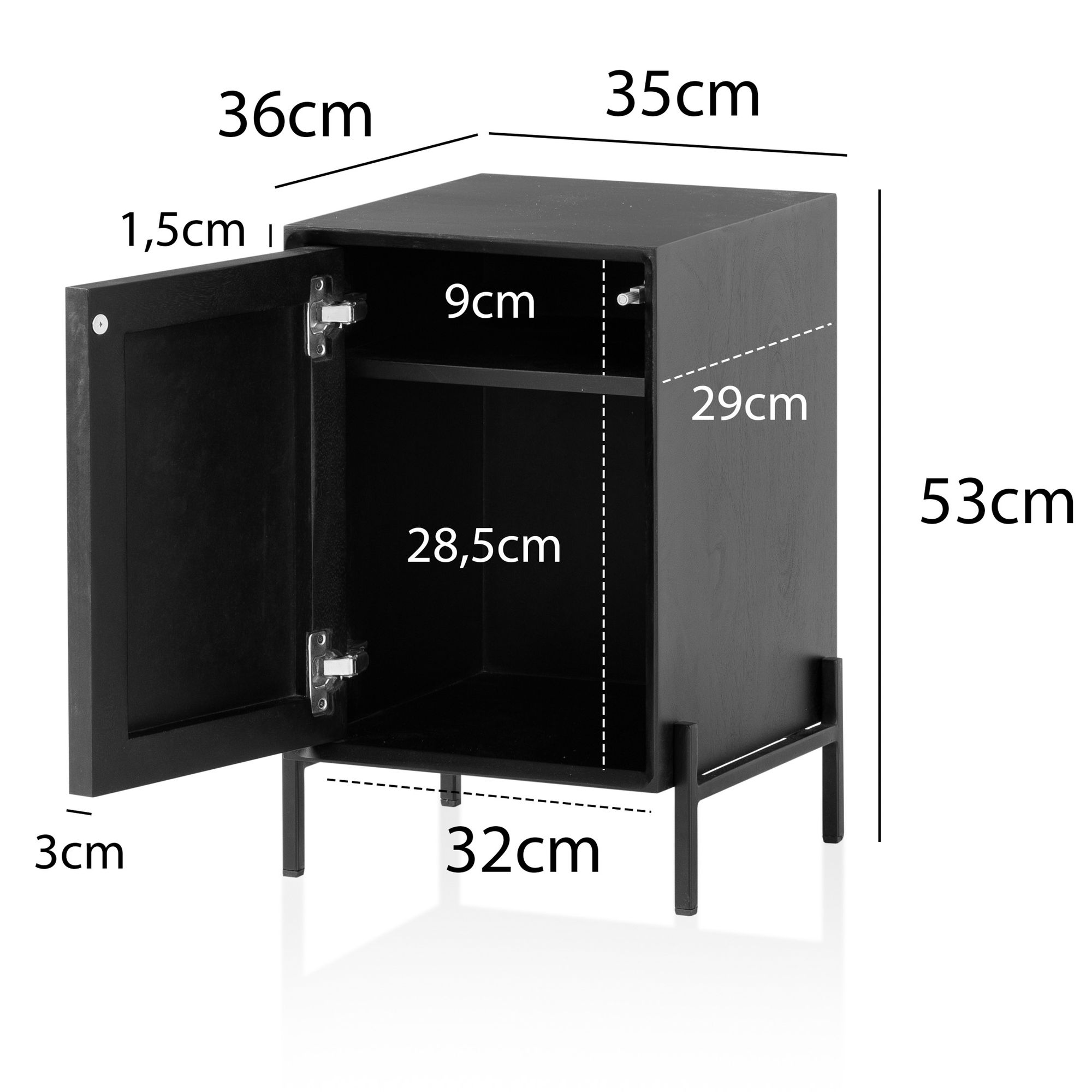 Nachttisch Mango Massivholz / Steinoptik 35x53x36 cm Nachtschrank Schwarz, Design Nachtkonsole Boxspringbett mit Tür, Nachtkommode mit Stauraum & Metallgestell