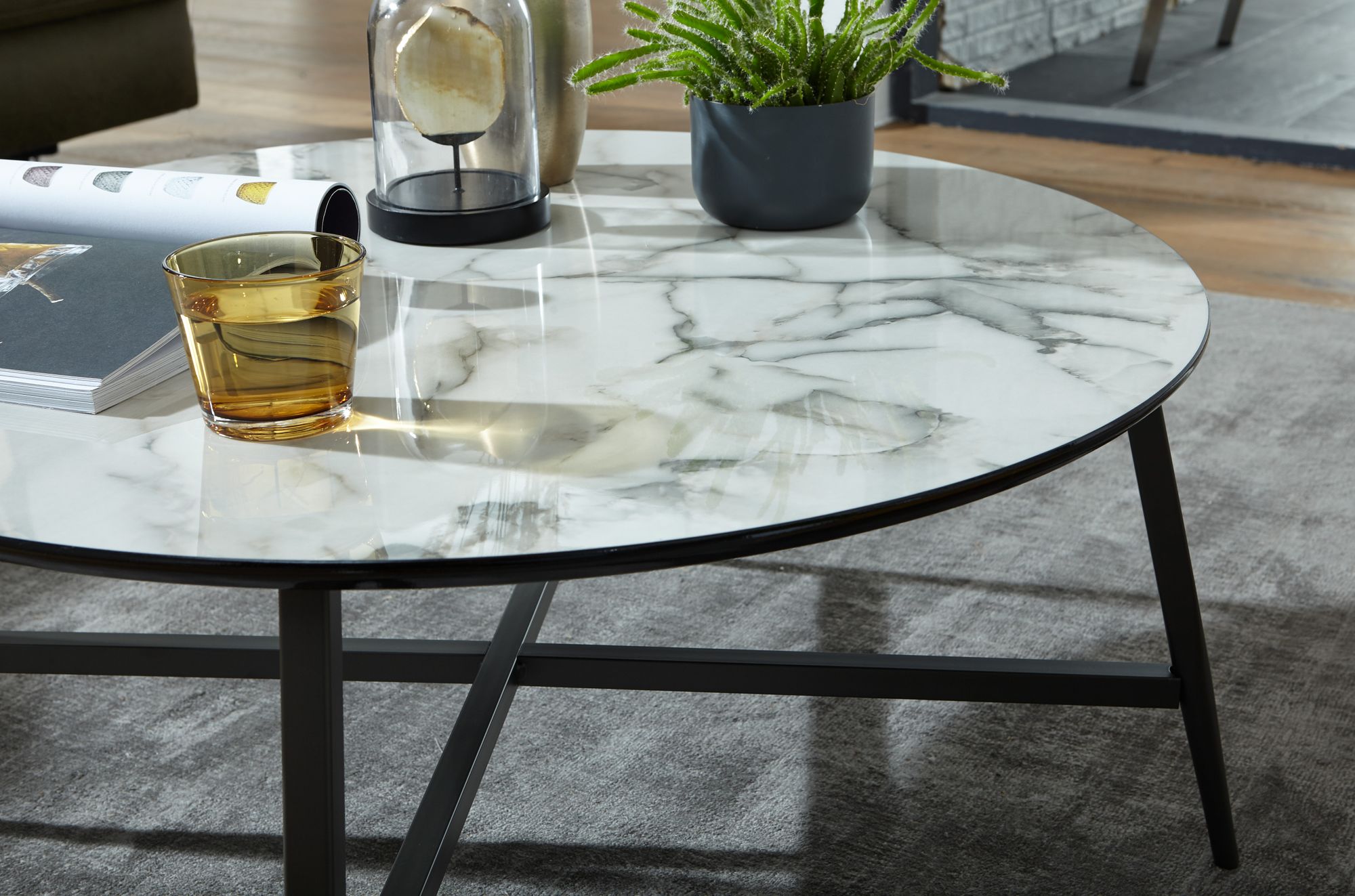 ZZINOKE 2er Set Marmor Weiß Schwarz Gestell ZZINOKE Couchtisch Set 2-tlg - Weißer Marmorlook Mit Schwarzem Metallgestell, Modern & Platzsparend Metallgestell Schwarz