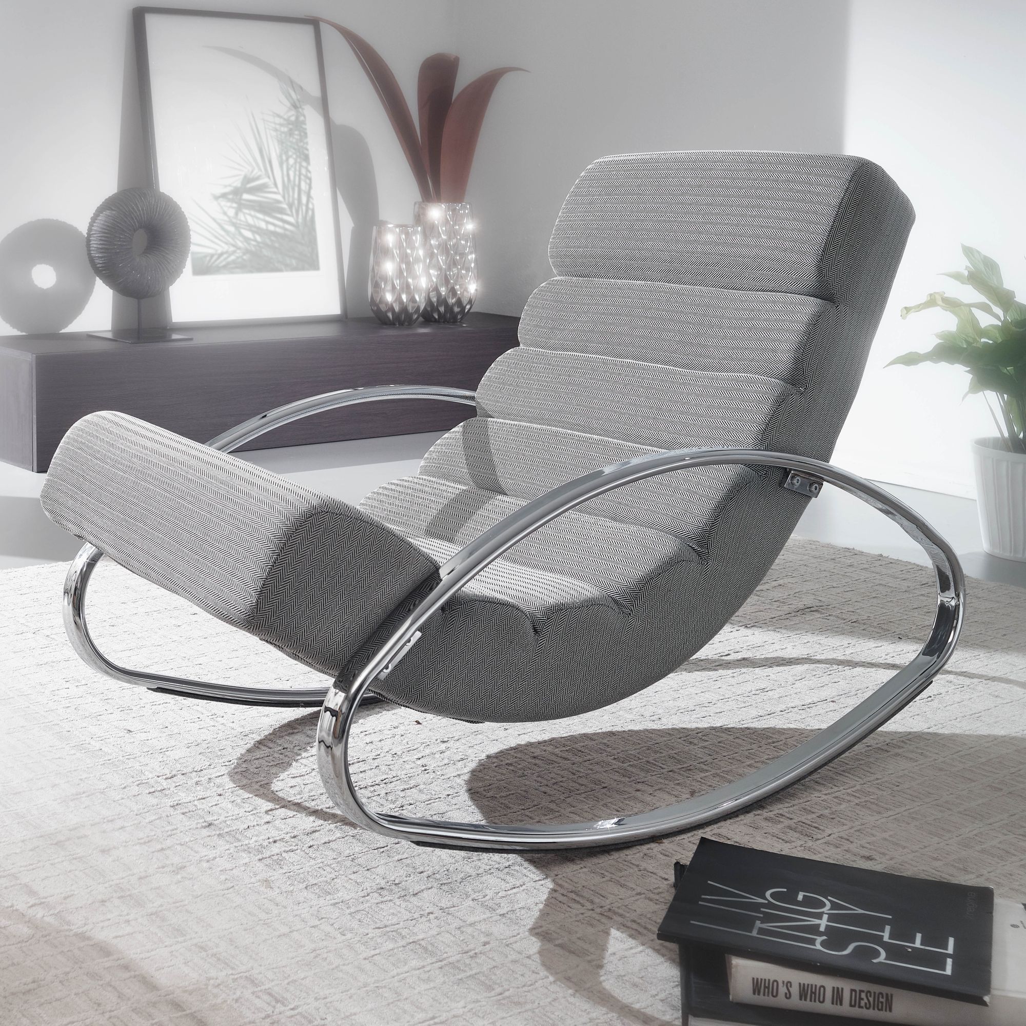 Relaxliege Grau / Silber 110 kg Belastbar Relaxsessel Design Schaukelstuhl