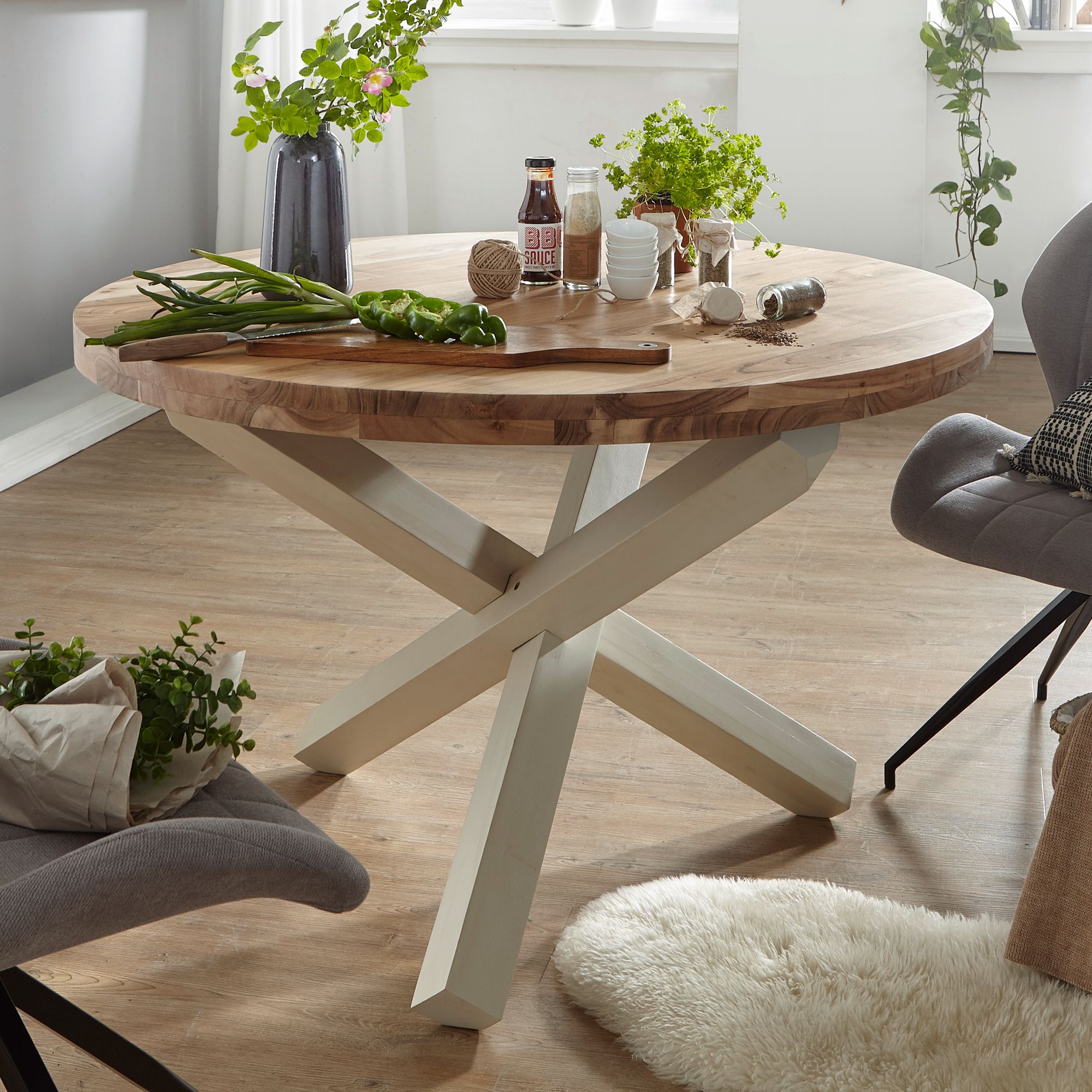 WOHNLING Design Esszimmertisch BOHA rund Ø 120 cm x 75 cm Akazie Massiv-Holz