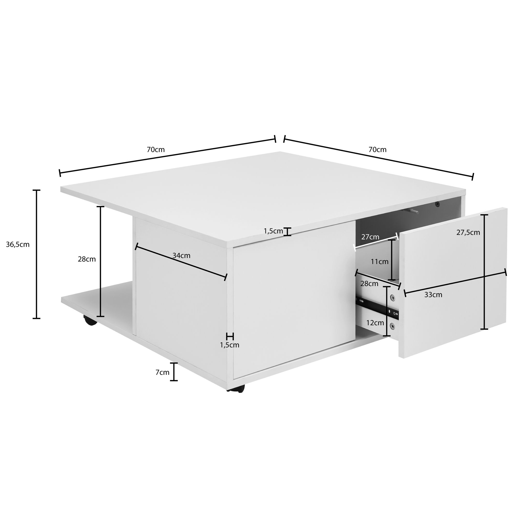 Design Couchtisch 70x70 cm Weiß, Wohnzimmertisch mit 2 Schubladen, Sofatisch mit Rollen, Tisch mit 2 Fächern