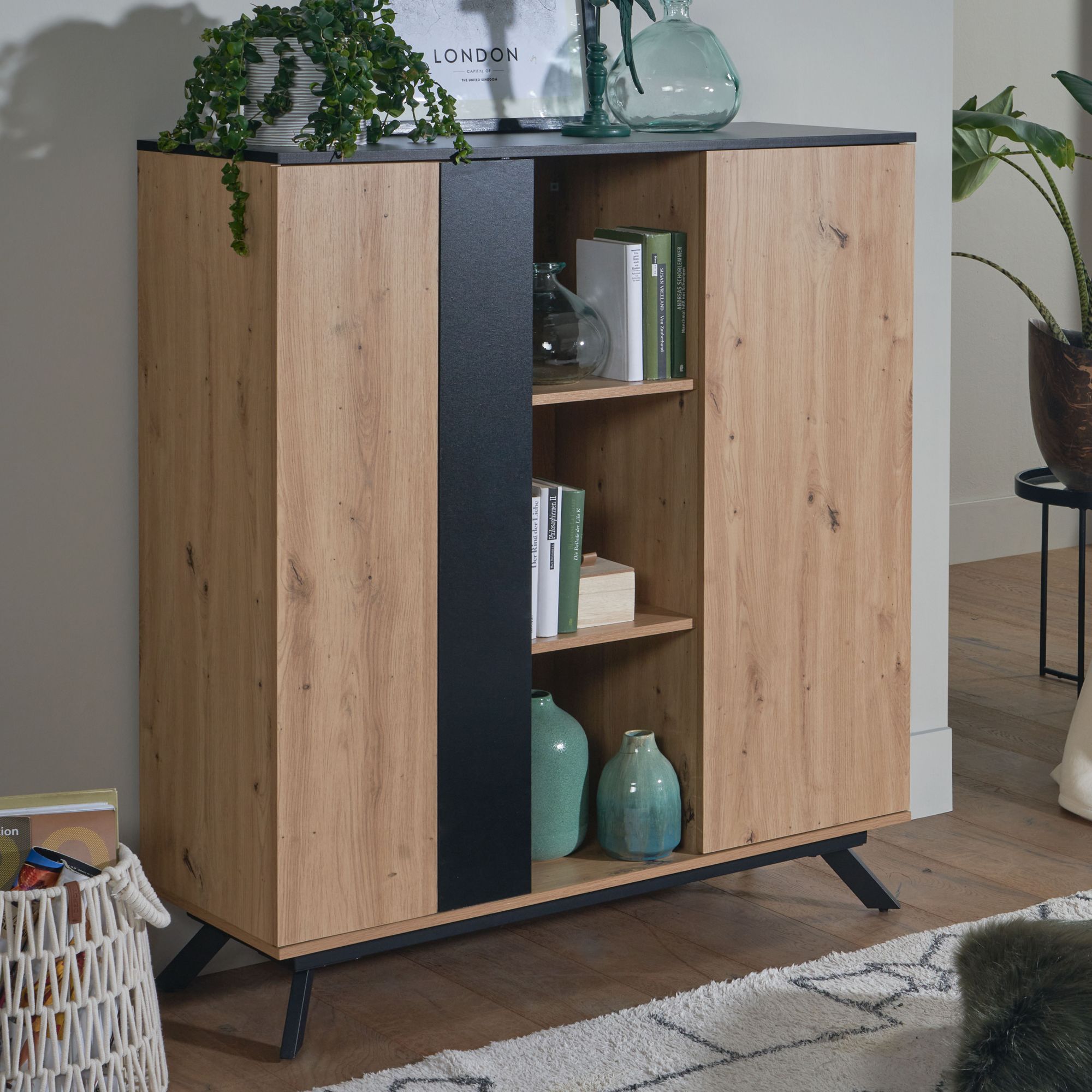 Highboard 110x125x40 cm MDF Sideboard in Eiche-Dekor / Schwarz