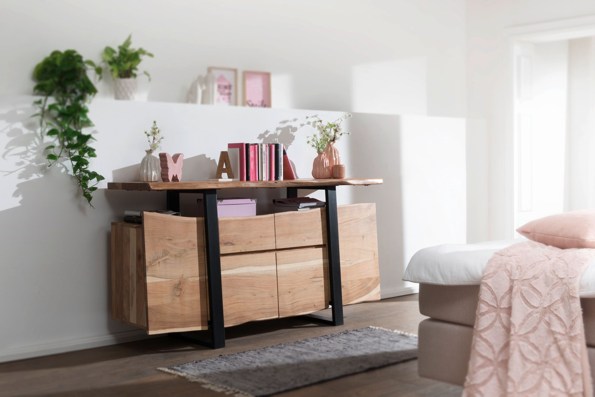 WOHNLING Sideboard GAYA Akazie Kommode Massiv Holz 175 cm