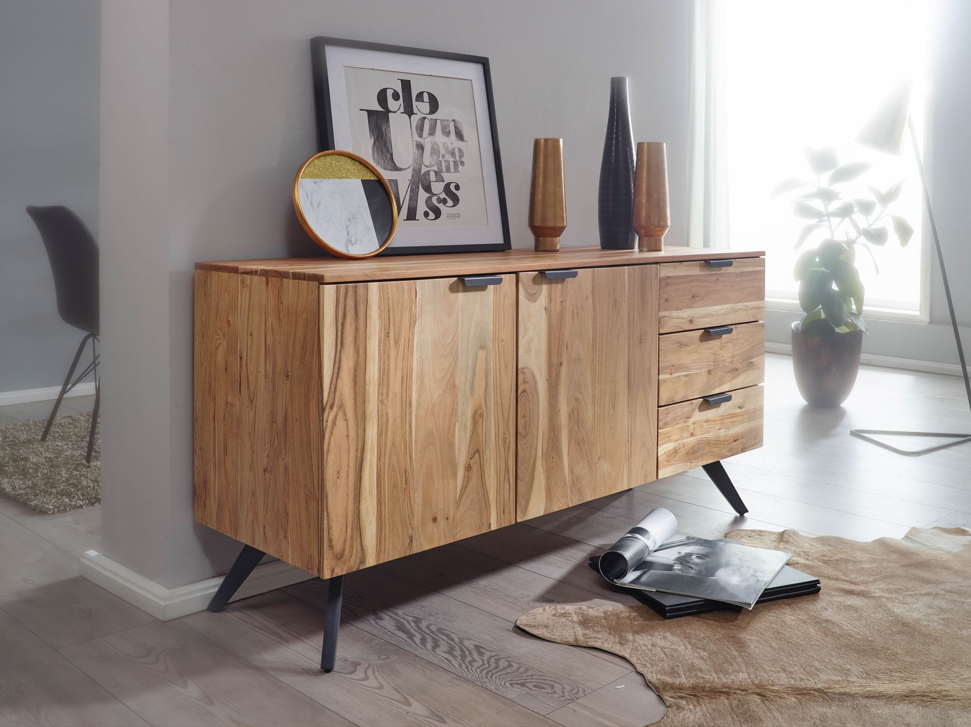 WOHNLING Sideboard Kairo Akazie Massivholz 145 cm