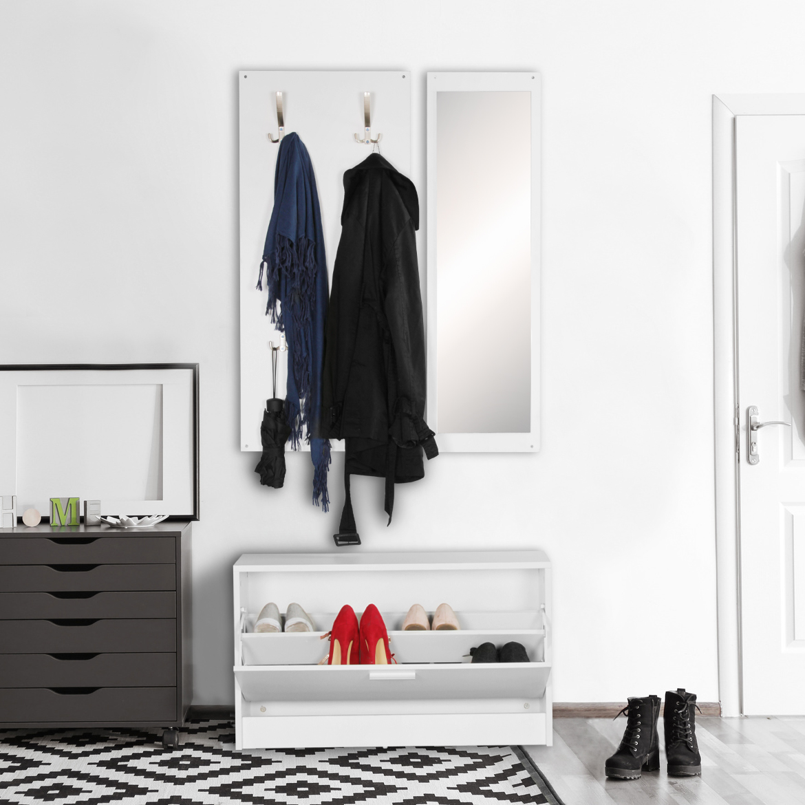 WOHNLING Wand-Garderobe mit Spiegel & Schuhschrank Spanplatte weiß