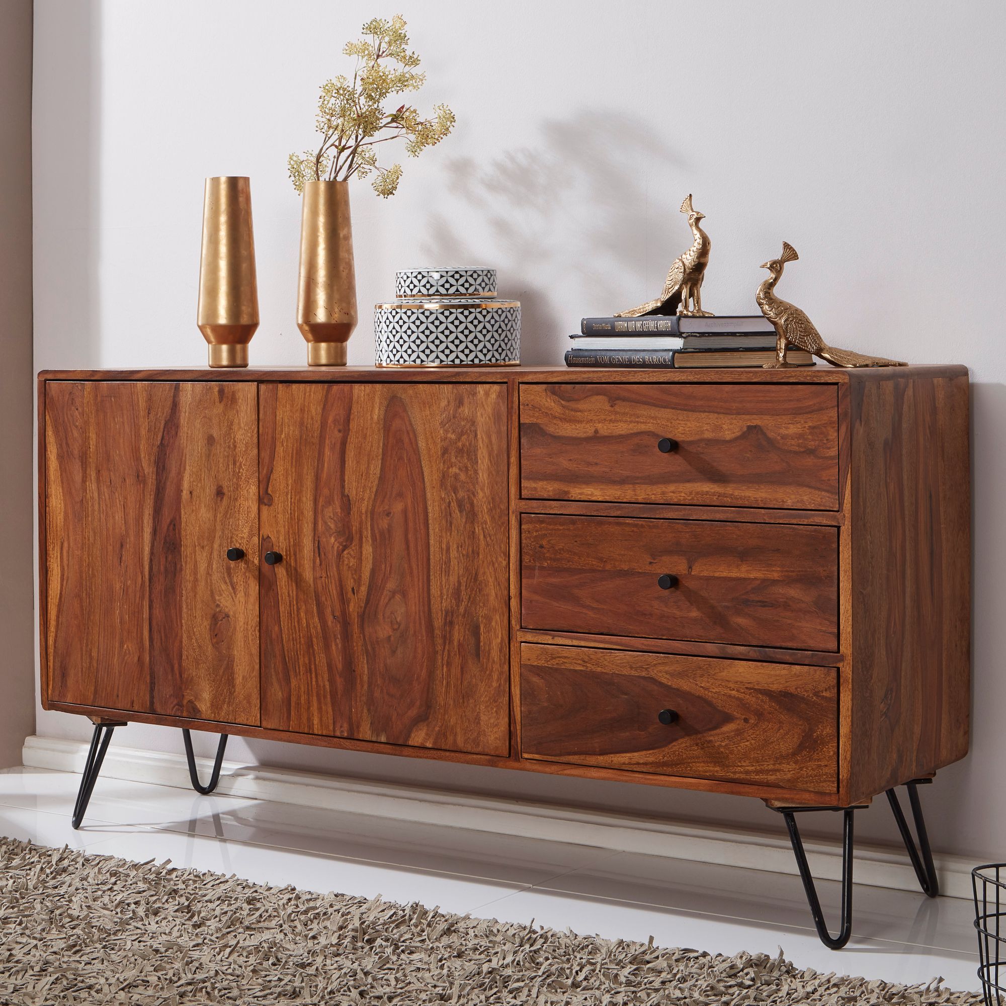 WOHNLING Sideboard 140 cm Sheesham Massivholz 3 Schubladen 2 Türen