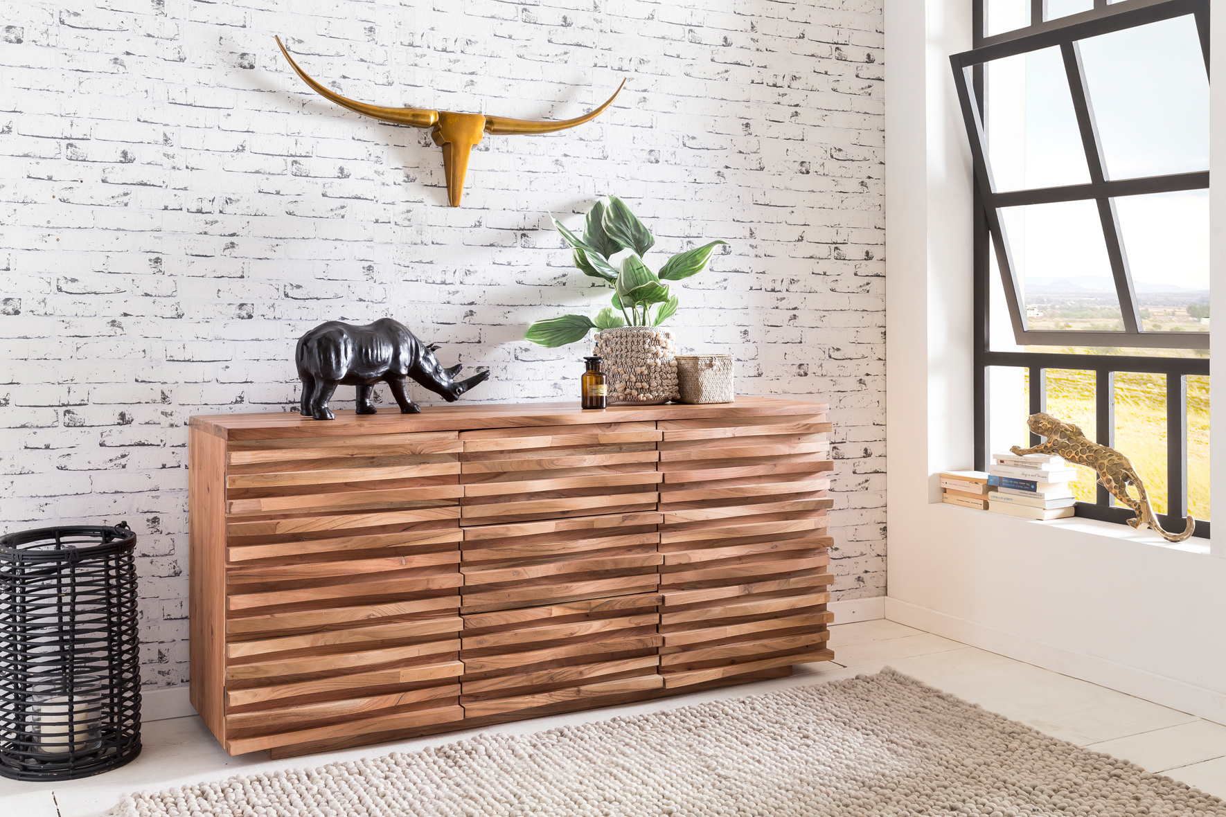 WOHNLING Sideboard KADA 160 x 75 x 43 cm Massiv-Holz Akazie Natur Baumkante Anrichte | Landhaus-Stil