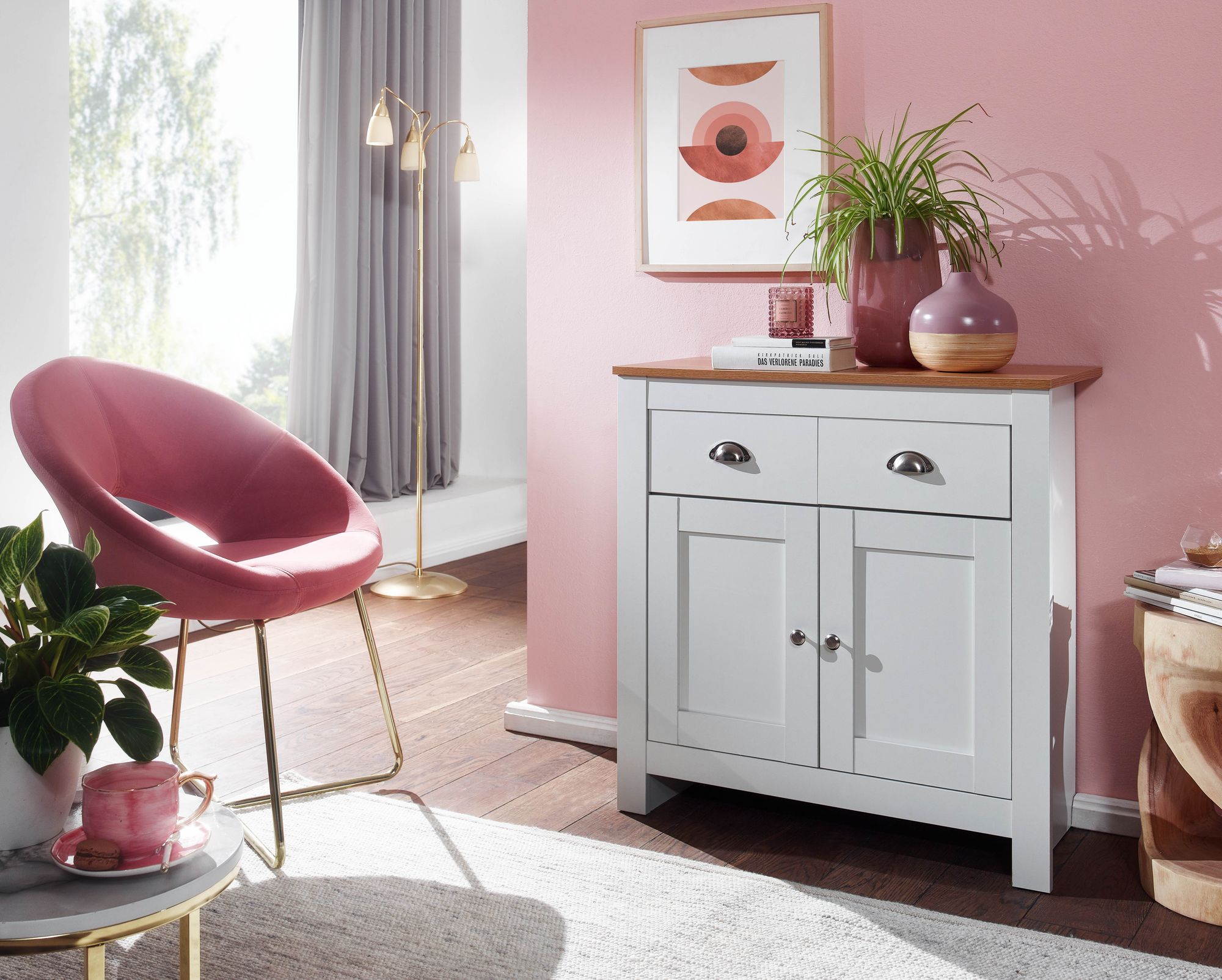 Wohnling Sideboard mit 2 Schubladen 79 cm Kommode Weiß / Eiche