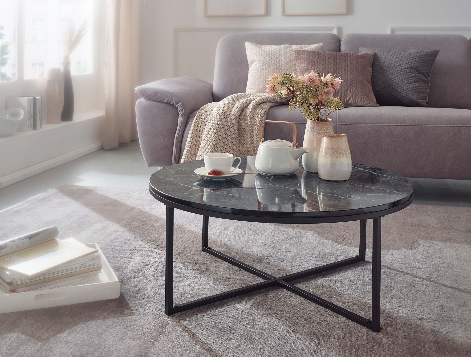 Couchtisch 80x36x80 cm mit Marmor Optik Schwarz, Wohnzimmertisch mit Metall-Gestell, Sofatisch Rund Tisch Wohnzimmer, Beistelltisch