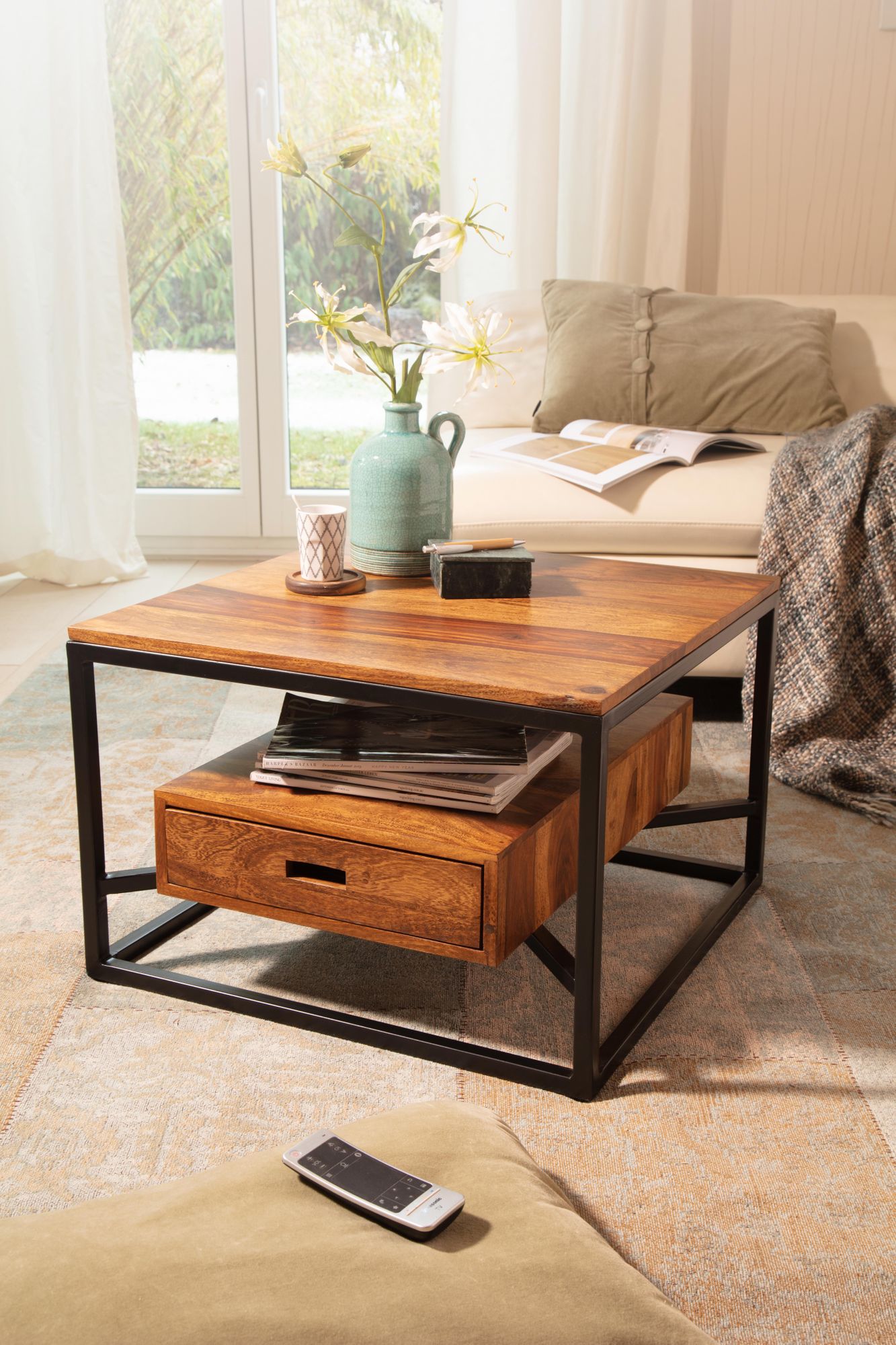 Couchtisch 60x60x40 cm Sheesham Massivholz / Metall Sofatisch Quadratisch, Design Wohnzimmertisch Kaffeetisch Massiv mit Schublade, Kleiner Tisch Beistelltisch Wohnzimmer Modern