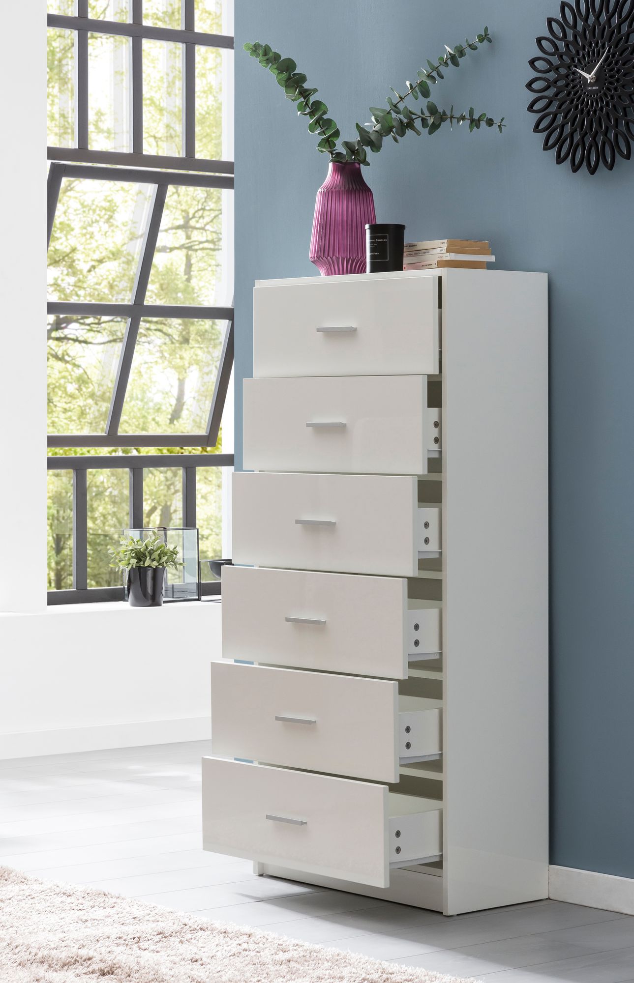 WOHNLING Design Highboard 60x130x30 cm breite mit 6 Schubladen Weiß Hochglanz