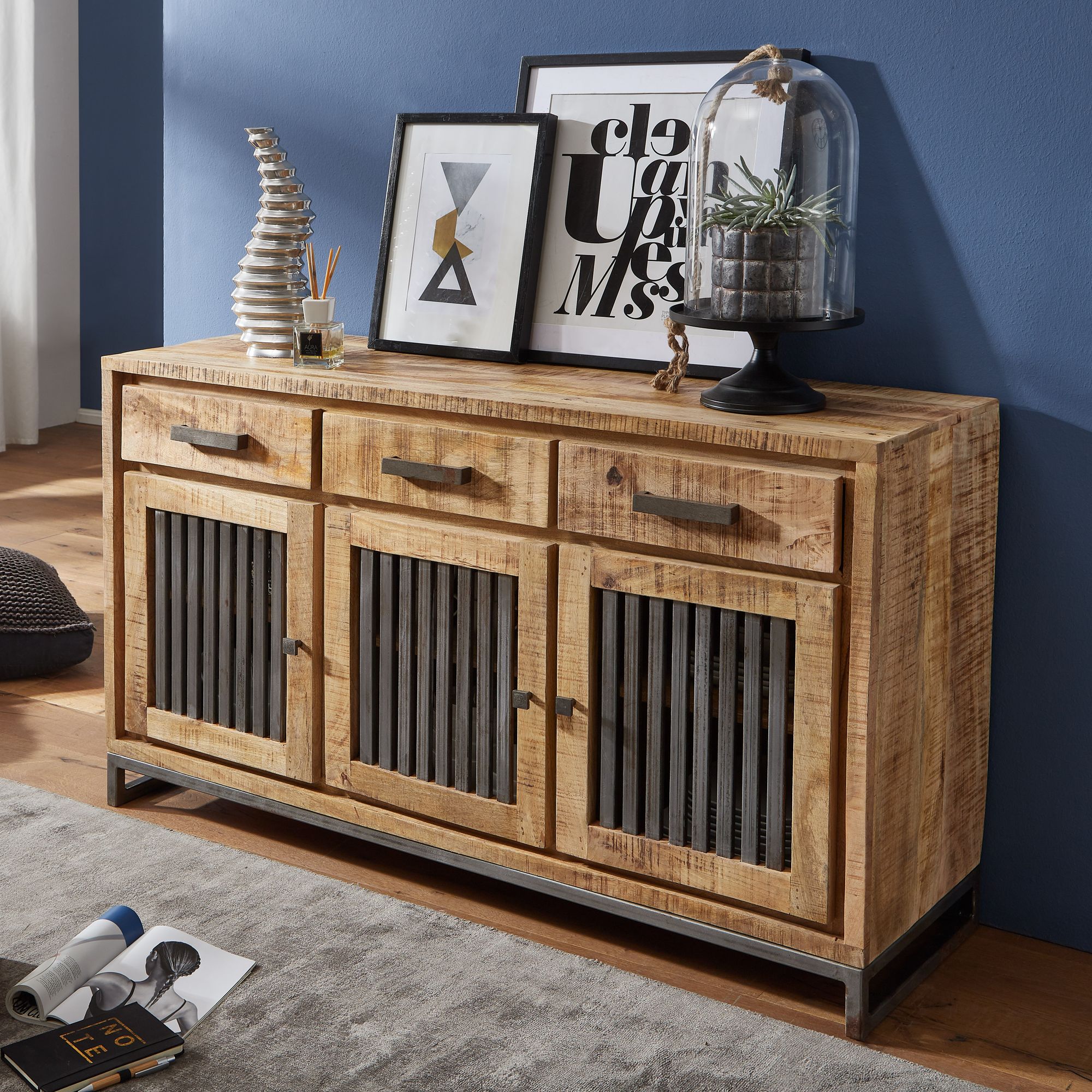 WOHNLING Sideboard 145 cm Mango Massivholz / Metall Vintage
