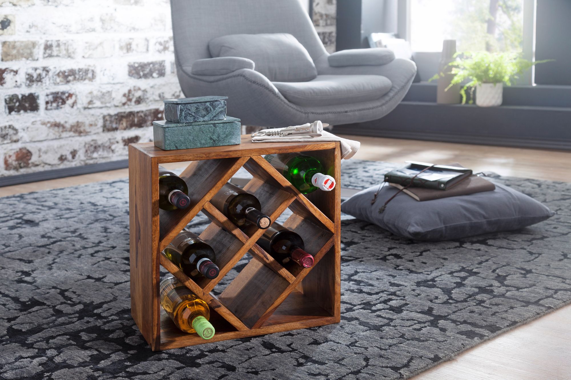 WOHNLING Weinregal Sheesham Massivholz Holzregal 8 Flaschen