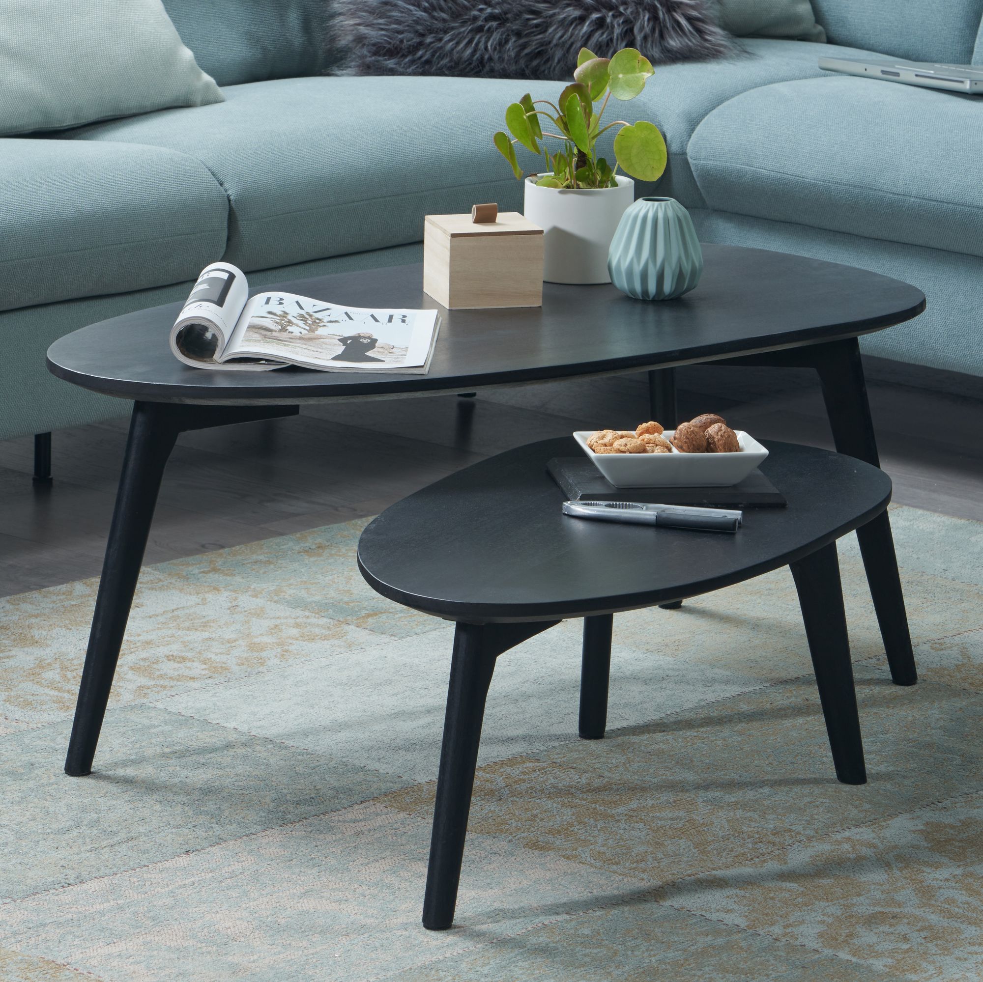 design couchtisch 2er set mango massivholz wohnzimmertisch schwarz,  satztisch holztisch nierenform kaffeetisch, retro tischset 2-teilig  beistelltisch
