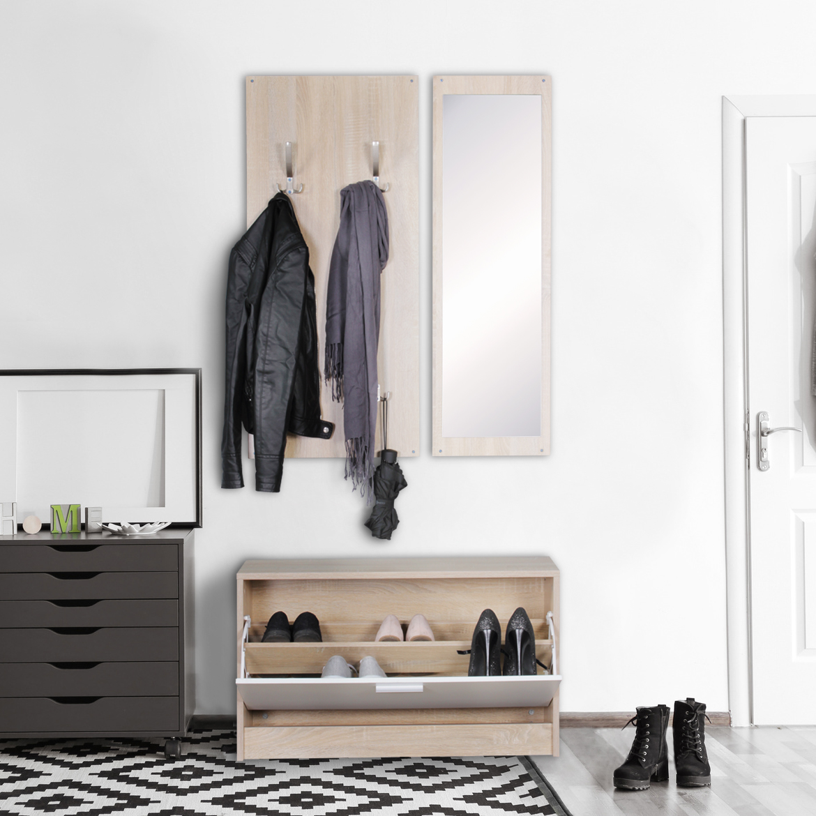 WOHNLING Wand-Garderobe mit Spiegel & Schuhschrank Spanplatte sonoma
